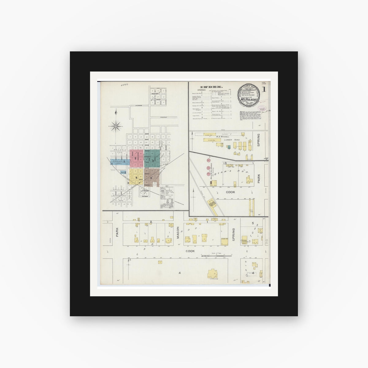 Old map wall art mockup — black gallery frame with white mat — Sanborn Fire Insurance Map from Mount Pulaski, Logan County, Illinois (1893), Sheet #0001