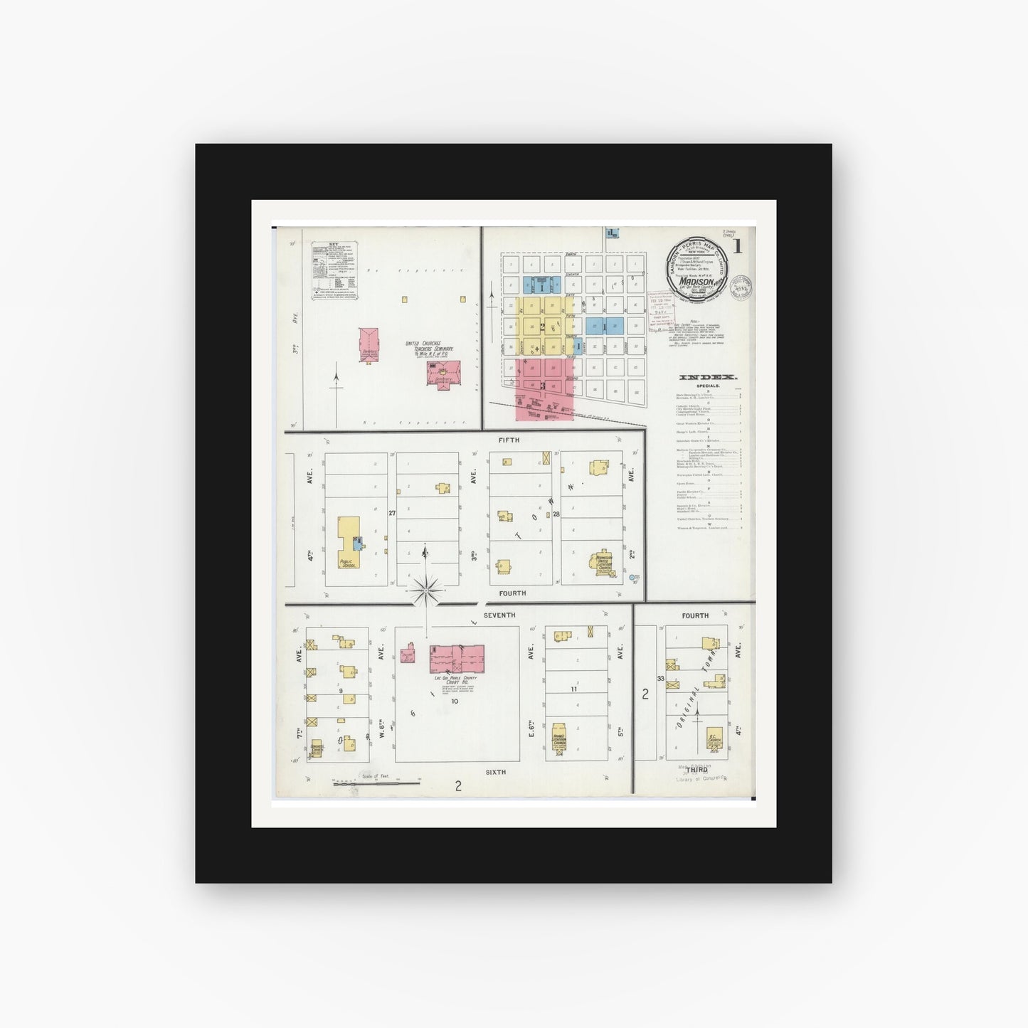 Old map wall art mockup — black gallery frame with white mat — Sanborn Fire Insurance Map from Madison, Lac Qui Parle County, Minnesota (1899), Sheet #0001