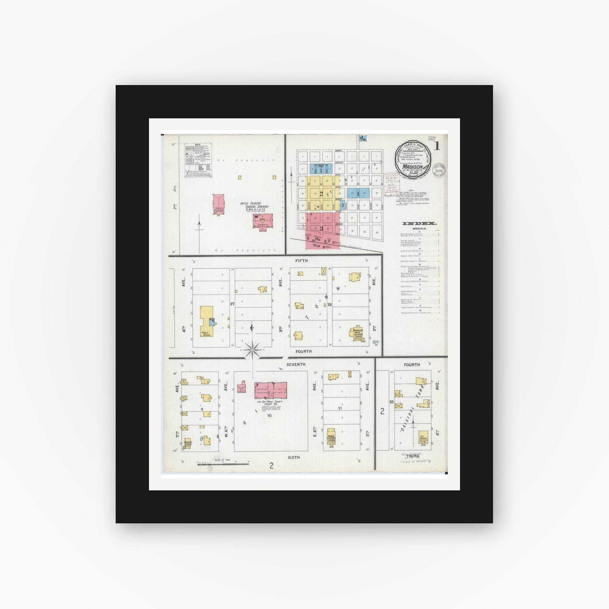 Old map wall art mockup — black gallery frame with white mat — Sanborn Fire Insurance Map from Madison, Lac Qui Parle County, Minnesota (1899), Sheet #0001