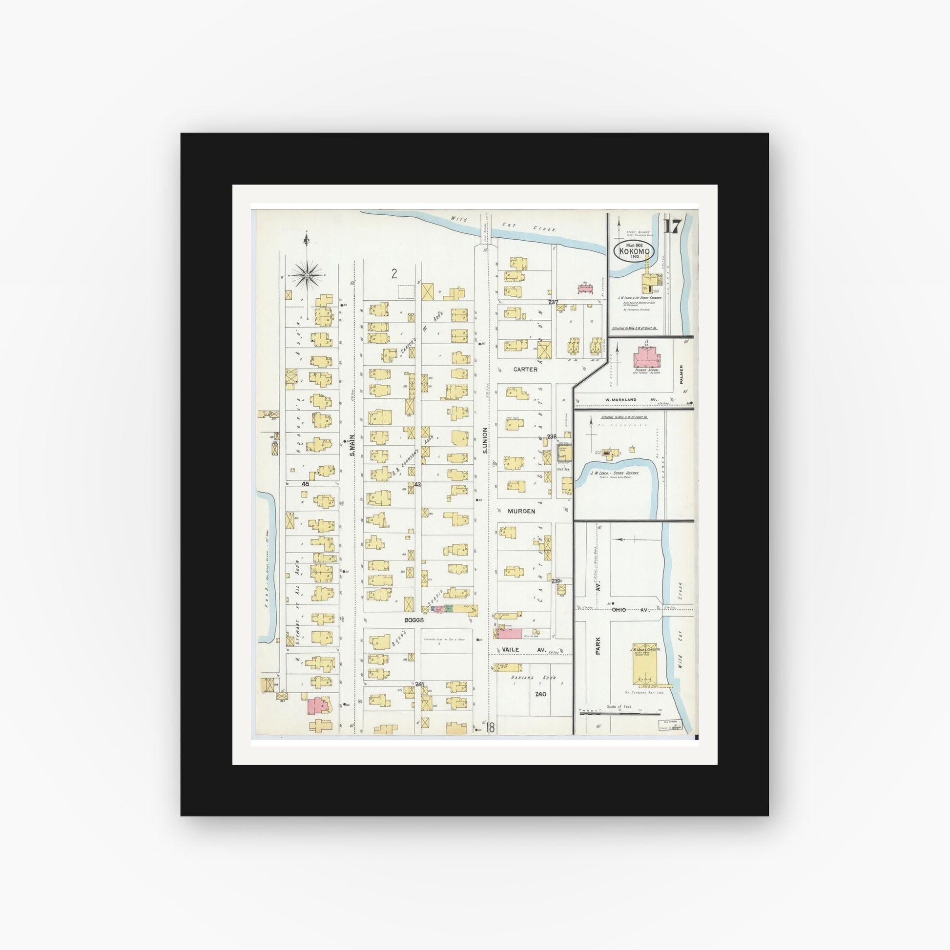 Old map wall art mockup — black gallery frame with white mat — Sanborn Fire Insurance Map from Kokomo, Howard County, Indiana (1902), Sheet #0017