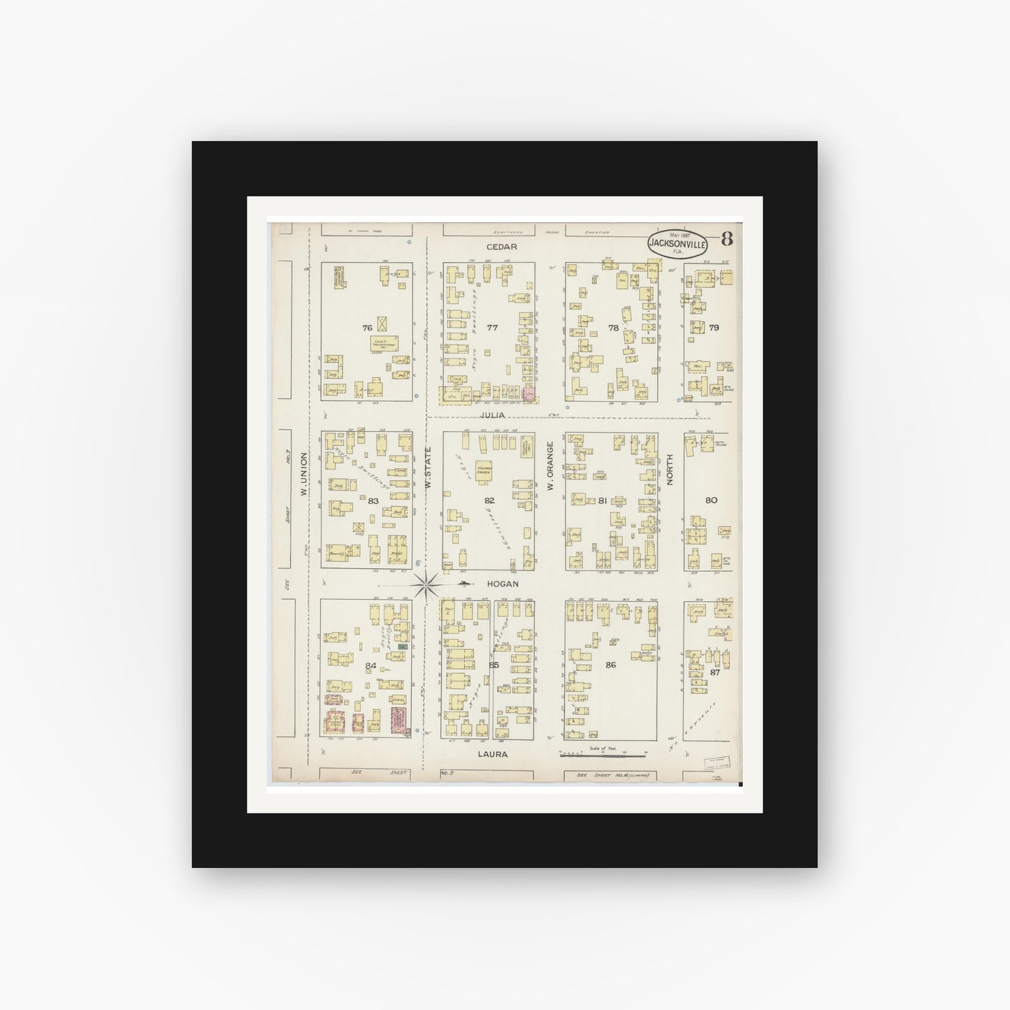 Old map wall art mockup — black gallery frame with white mat — Sanborn Fire Insurance Map from Jacksonville, Duval County, Florida (1887), Sheet #0008
