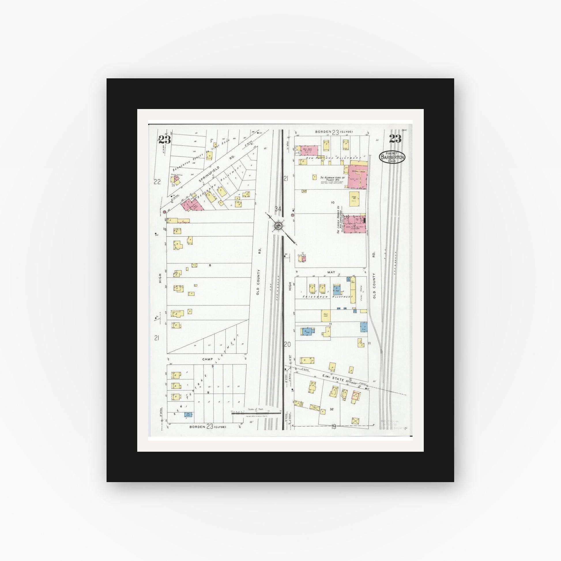 Old map wall art mockup — black gallery frame with white mat — Sanborn Fire Insurance Map from Barberton, Summit County, Ohio (1927), Sheet #0023