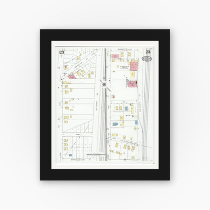 Old map wall art mockup — black gallery frame with white mat — Sanborn Fire Insurance Map from Barberton, Summit County, Ohio (1927), Sheet #0023