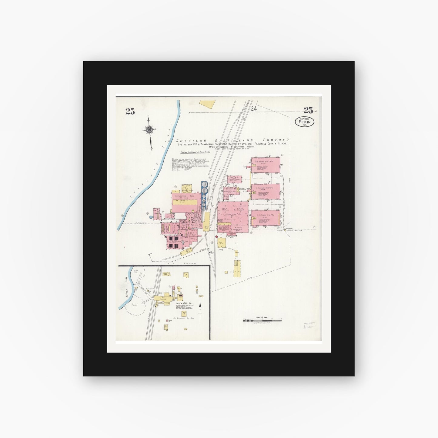 Old map wall art mockup — black gallery frame with white mat — Sanborn Fire Insurance Map from Pekin, Tazewell County, Illinois (1925), Sheet #0025