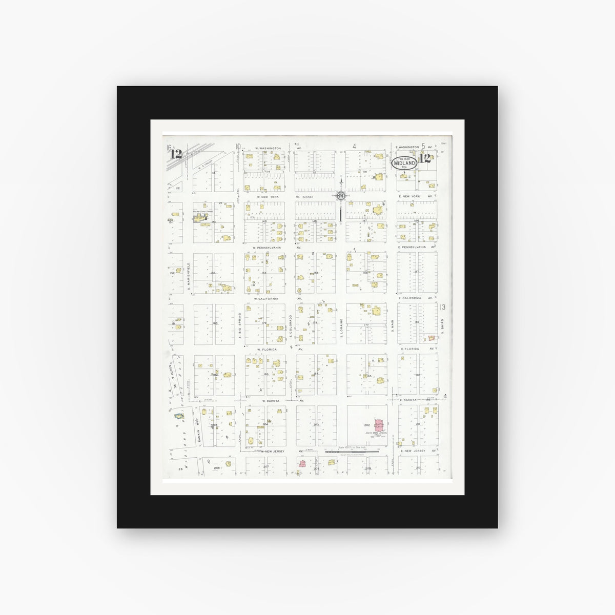 Old map wall art mockup — black gallery frame with white mat — Sanborn Fire Insurance Map from Midland, Midland County, Texas (1929), Sheet #0012