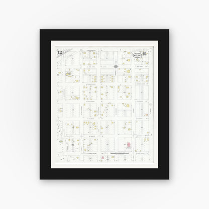 Old map wall art mockup — black gallery frame with white mat — Sanborn Fire Insurance Map from Midland, Midland County, Texas (1929), Sheet #0012