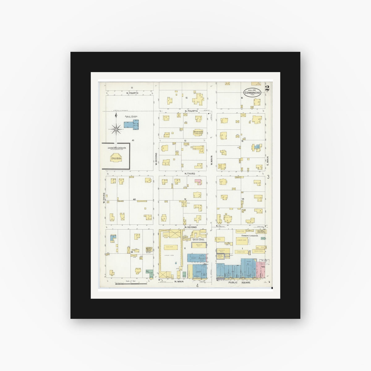 Old map wall art mockup — black gallery frame with white mat — Sanborn Fire Insurance Map from Comanche, Comanche County, Texas (1908), Sheet #0002