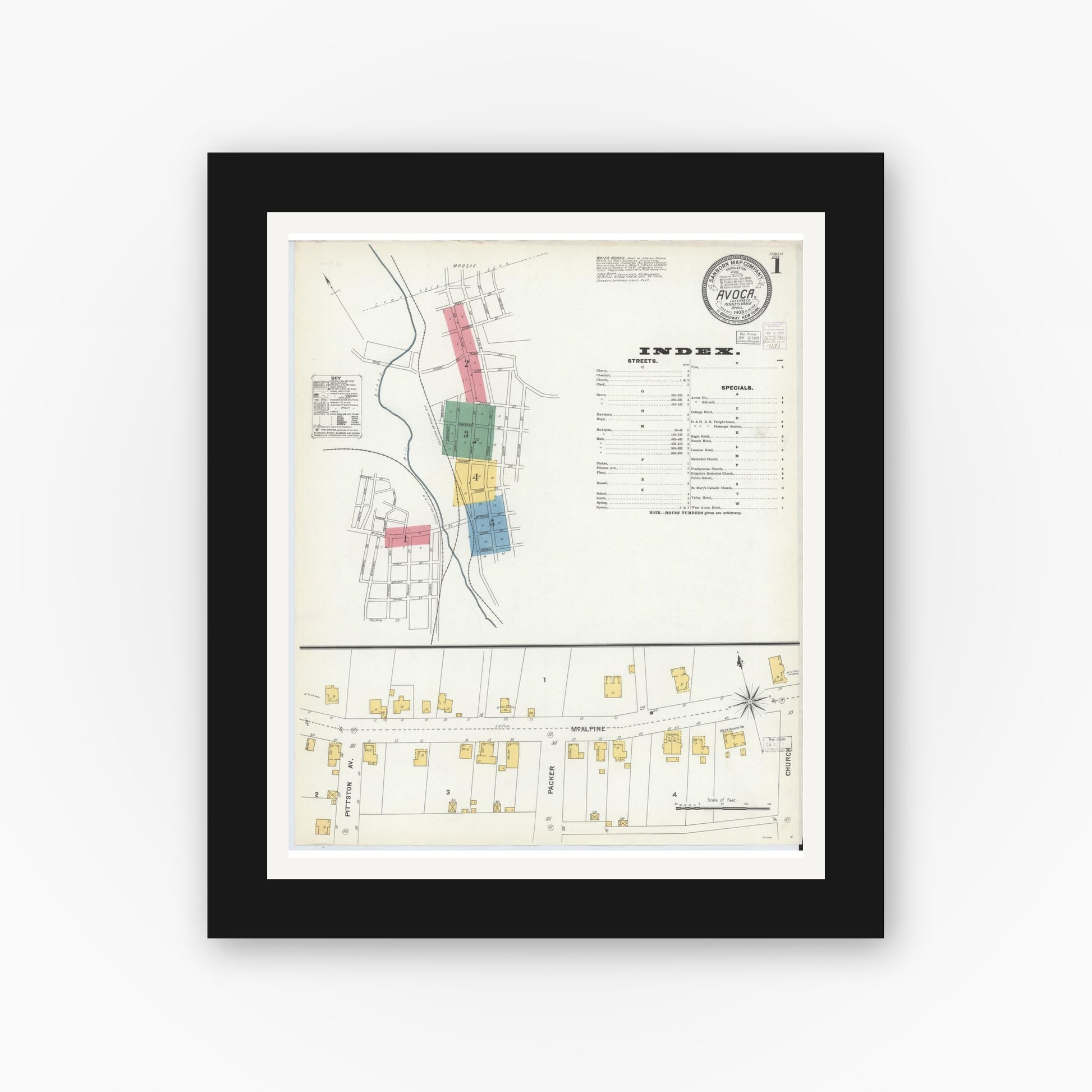 Old map wall art mockup — black gallery frame with white mat — Sanborn Fire Insurance Map from Avoca, Luzerne County, Pennsylvania (1903) - Complete Map Set