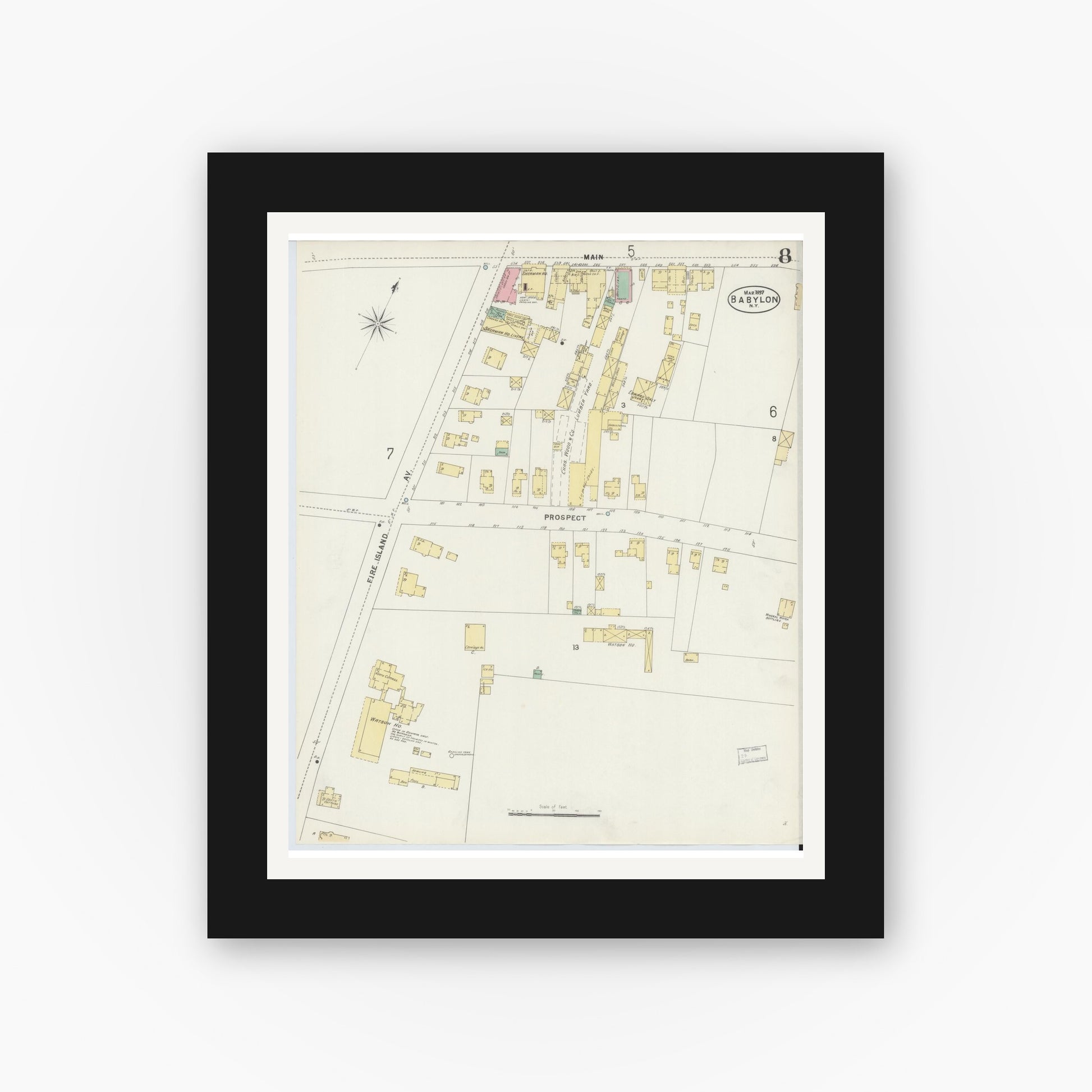 Old map wall art mockup — black gallery frame with white mat — Sanborn Fire Insurance Map from Babylon, Suffolk County, New York (1897), Sheet #0008