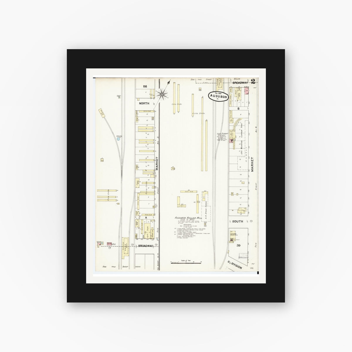 Old map wall art mockup — black gallery frame with white mat — Sanborn Fire Insurance Map from Audubon, Audubon County, Iowa (1890), Sheet #0002