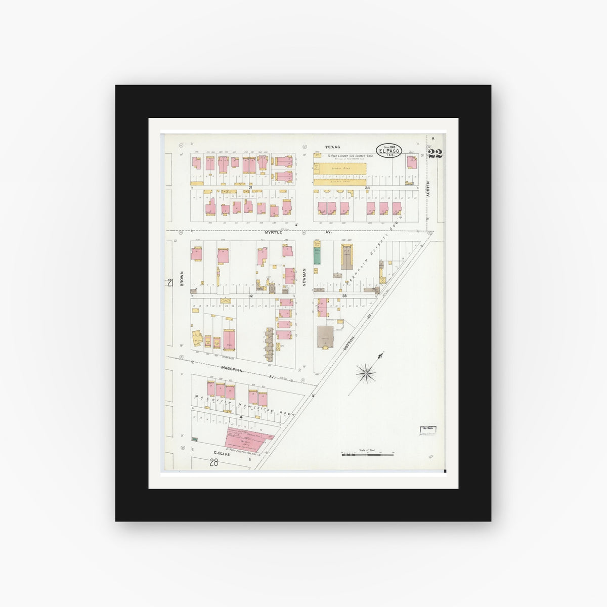 Old map wall art mockup — black gallery frame with white mat — Sanborn Fire Insurance Map from El Paso, El Paso County, Texas (1905), Sheet #0022
