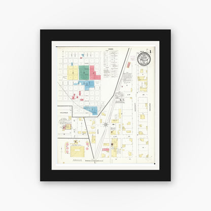 Old map wall art mockup — black gallery frame with white mat — Sanborn Fire Insurance Map from Pella, Marion County, Iowa (1906), Sheet #0001