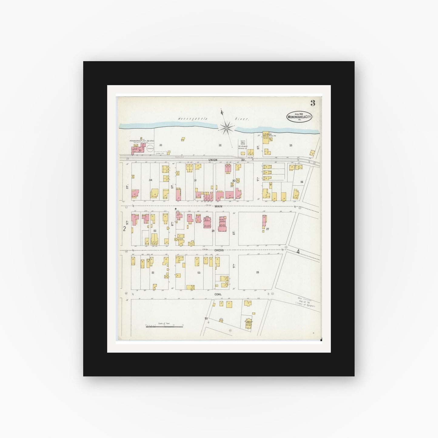 Old map wall art mockup — black gallery frame with white mat — Sanborn Fire Insurance Map from Monongahela City, Washington County, Pennsylvania (1900), Sheet #0003