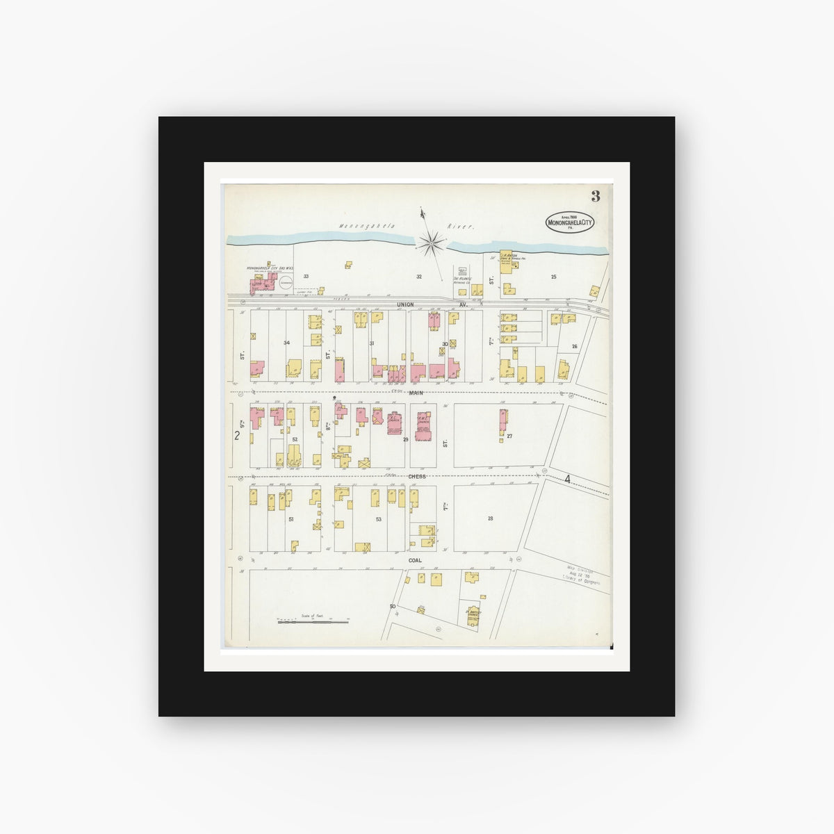 Old map wall art mockup — black gallery frame with white mat — Sanborn Fire Insurance Map from Monongahela City, Washington County, Pennsylvania (1900), Sheet #0003