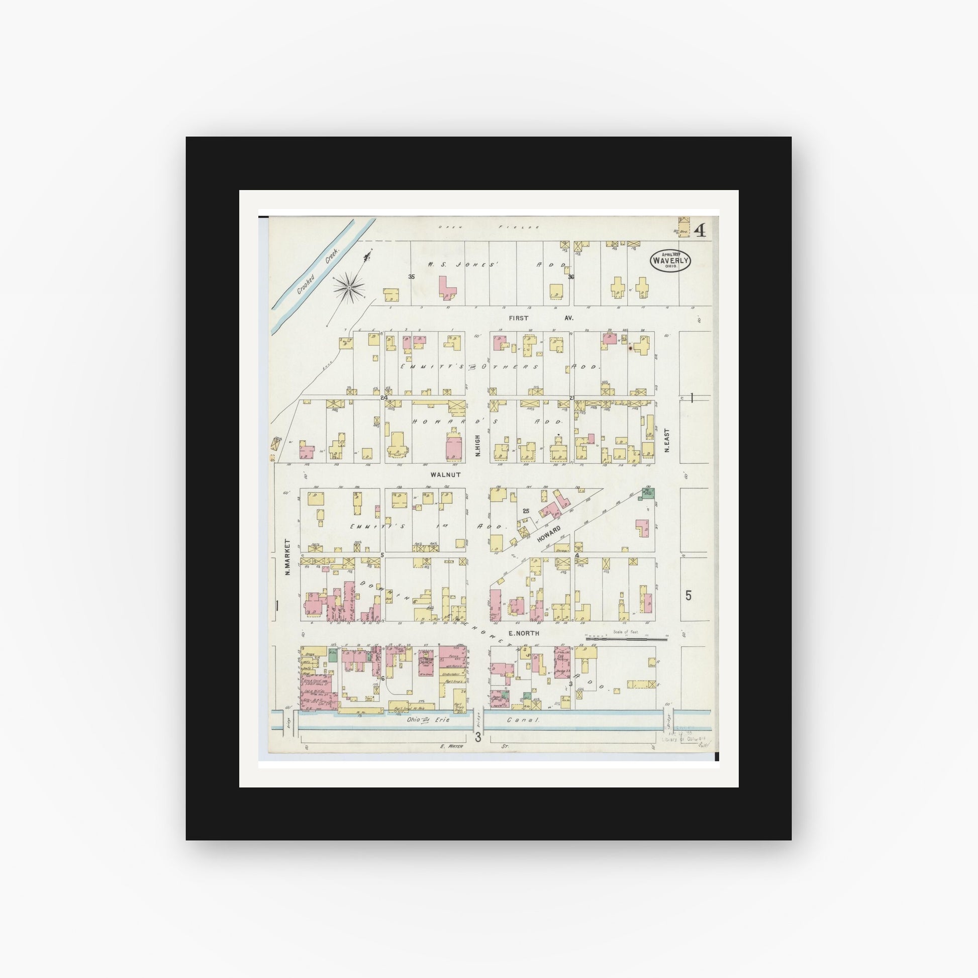 Old map wall art mockup — black gallery frame with white mat — Sanborn Fire Insurance Map from Waverly, Pike County, Ohio (1897), Sheet #0004