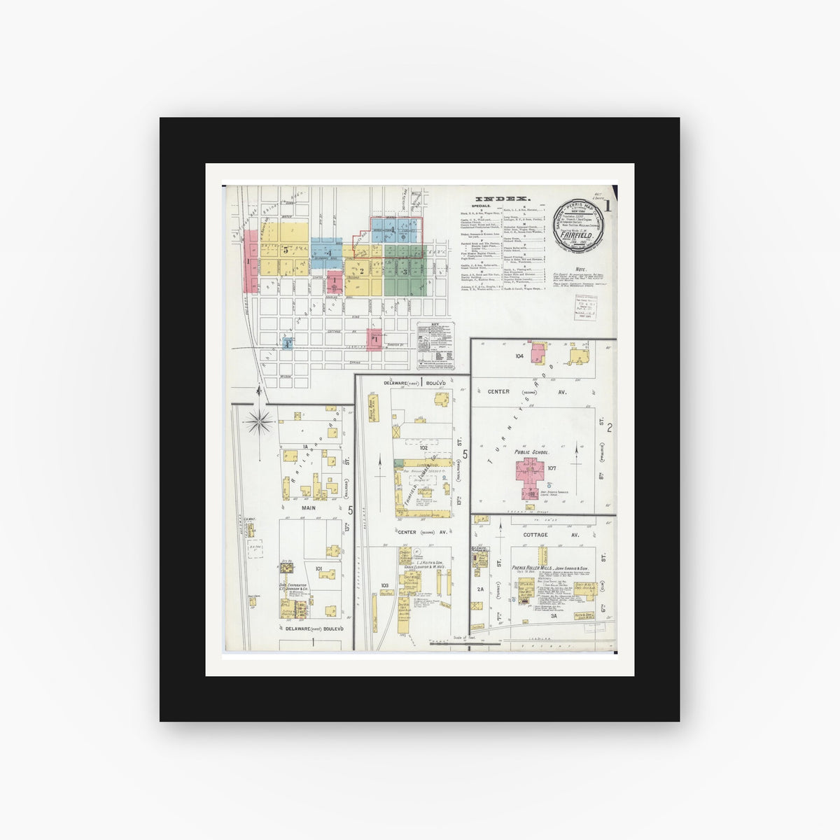 Old map wall art mockup — black gallery frame with white mat — Sanborn Fire Insurance Map from Fairfield, Wayne County, Illinois (1901), Sheet #0001