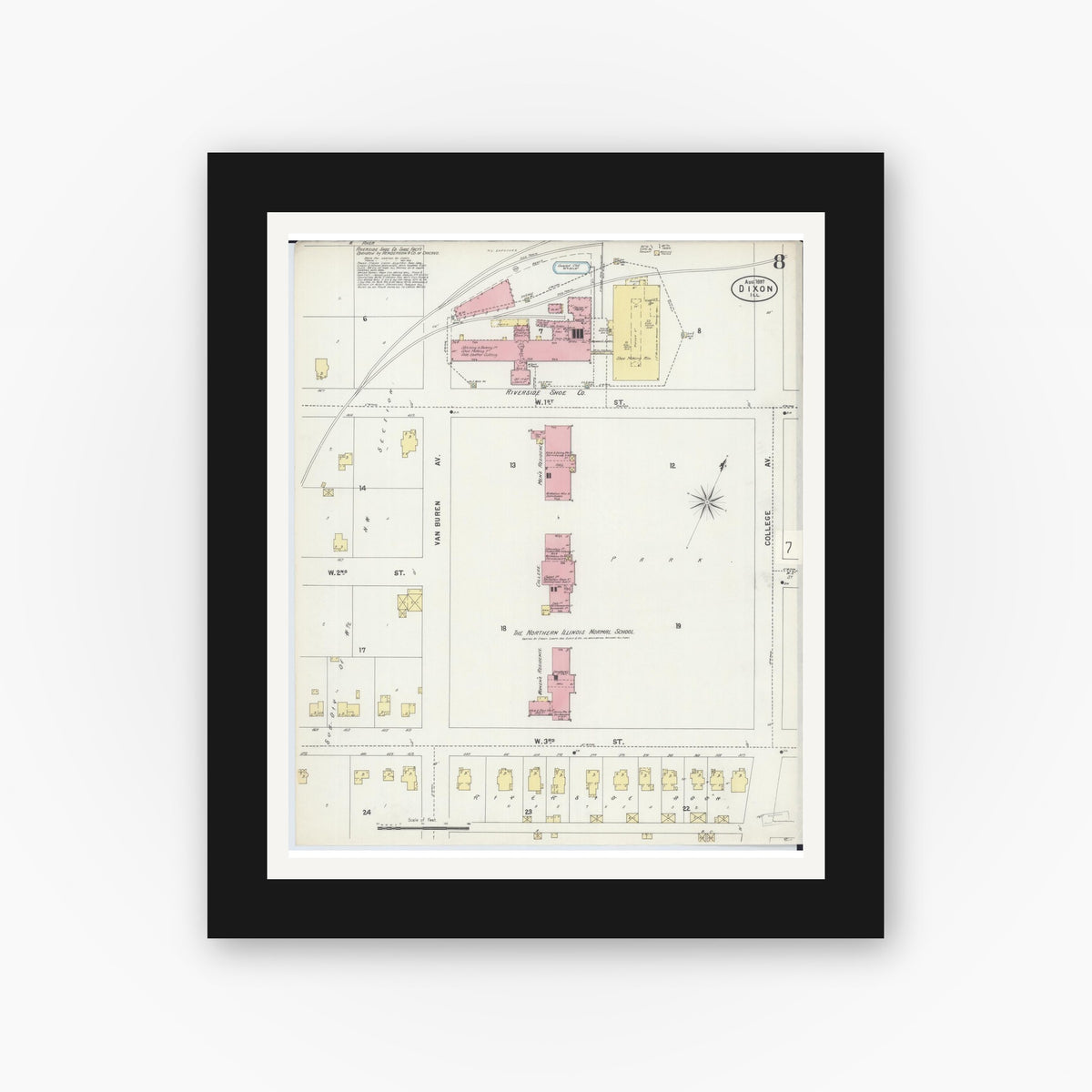 Old map wall art mockup — black gallery frame with white mat — Sanborn Fire Insurance Map from Dixon, Lee County, Illinois (1897), Sheet #0008