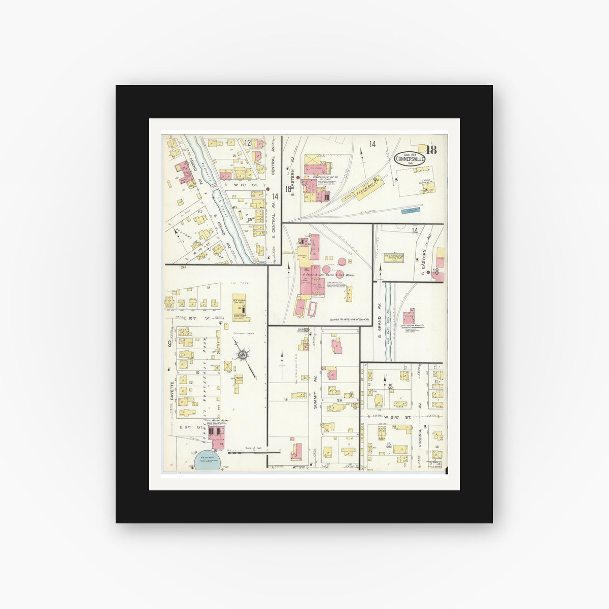 Old map wall art mockup — black gallery frame with white mat — Sanborn Fire Insurance Map from Connersville, Fayette County, Indiana (1913), Sheet #0018