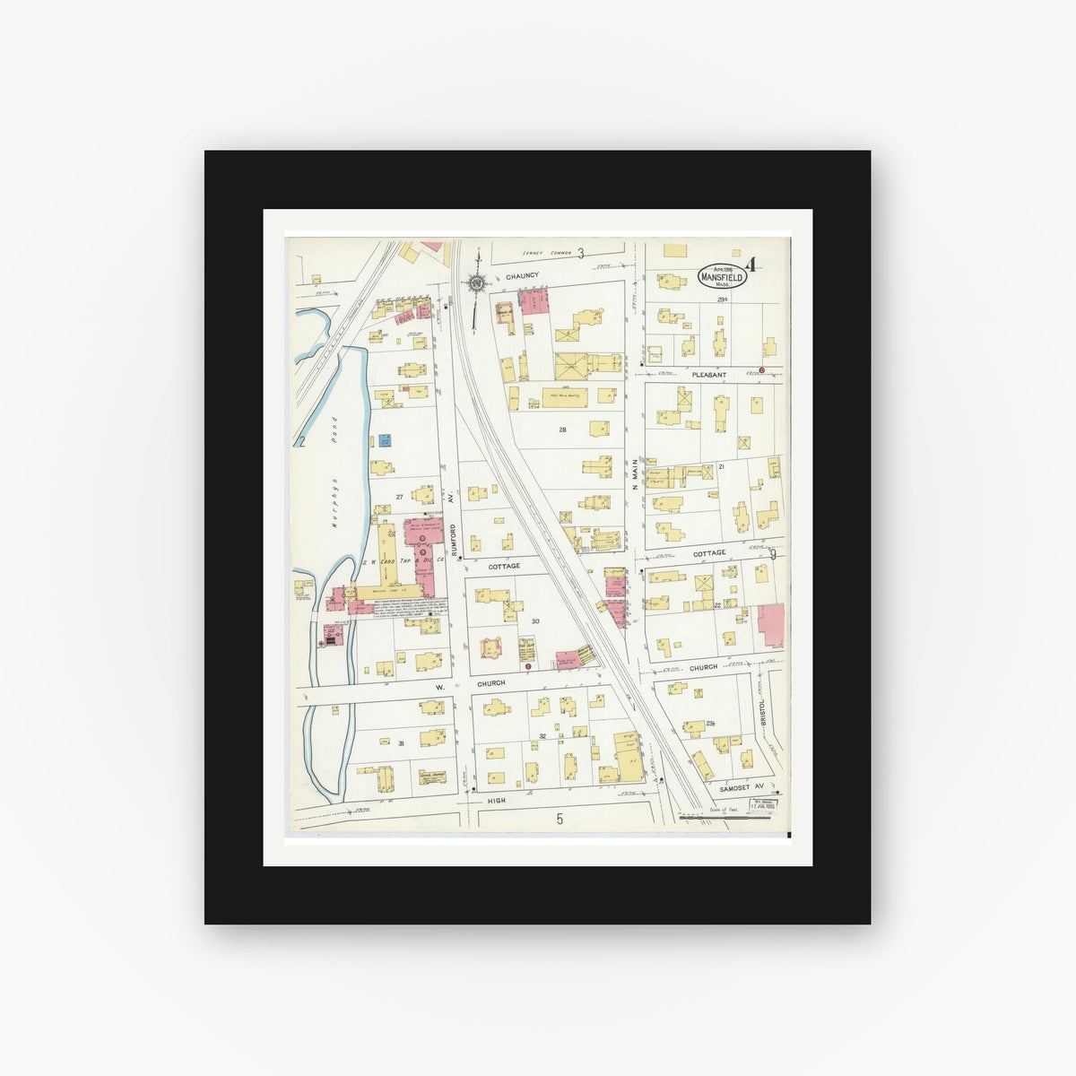 Old map wall art mockup — black gallery frame with white mat — Sanborn Fire Insurance Map from Mansfield, Bristol County, Massachusetts (1916), Sheet #0004