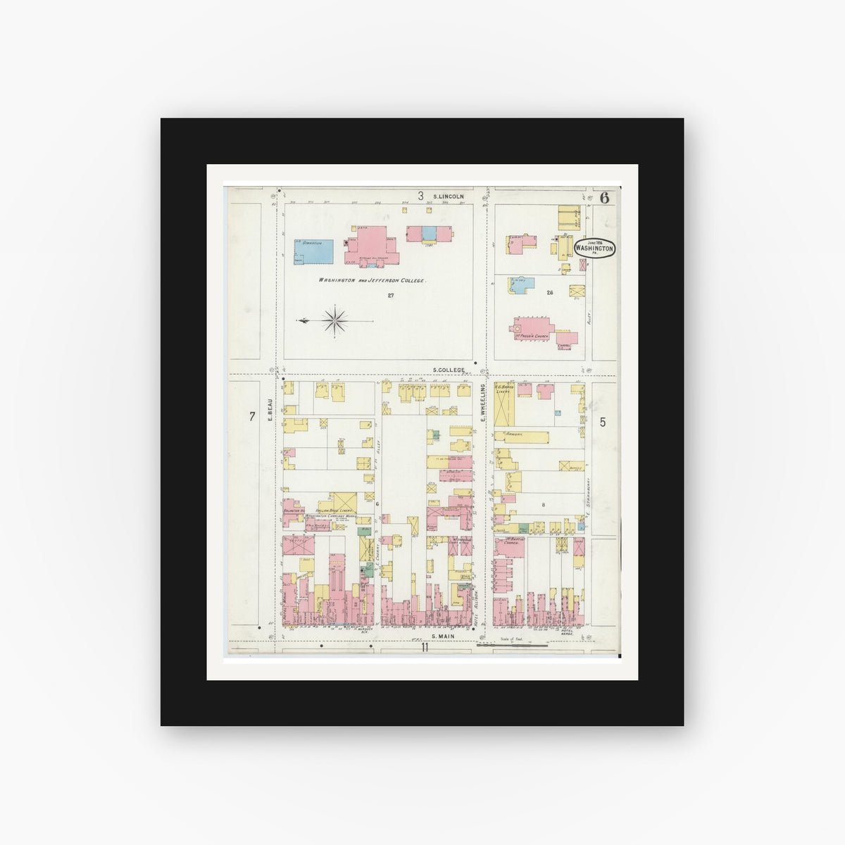 Old map wall art mockup — black gallery frame with white mat — Sanborn Fire Insurance Map from Washington, Washington County, Pennsylvania (1896), Sheet #0006