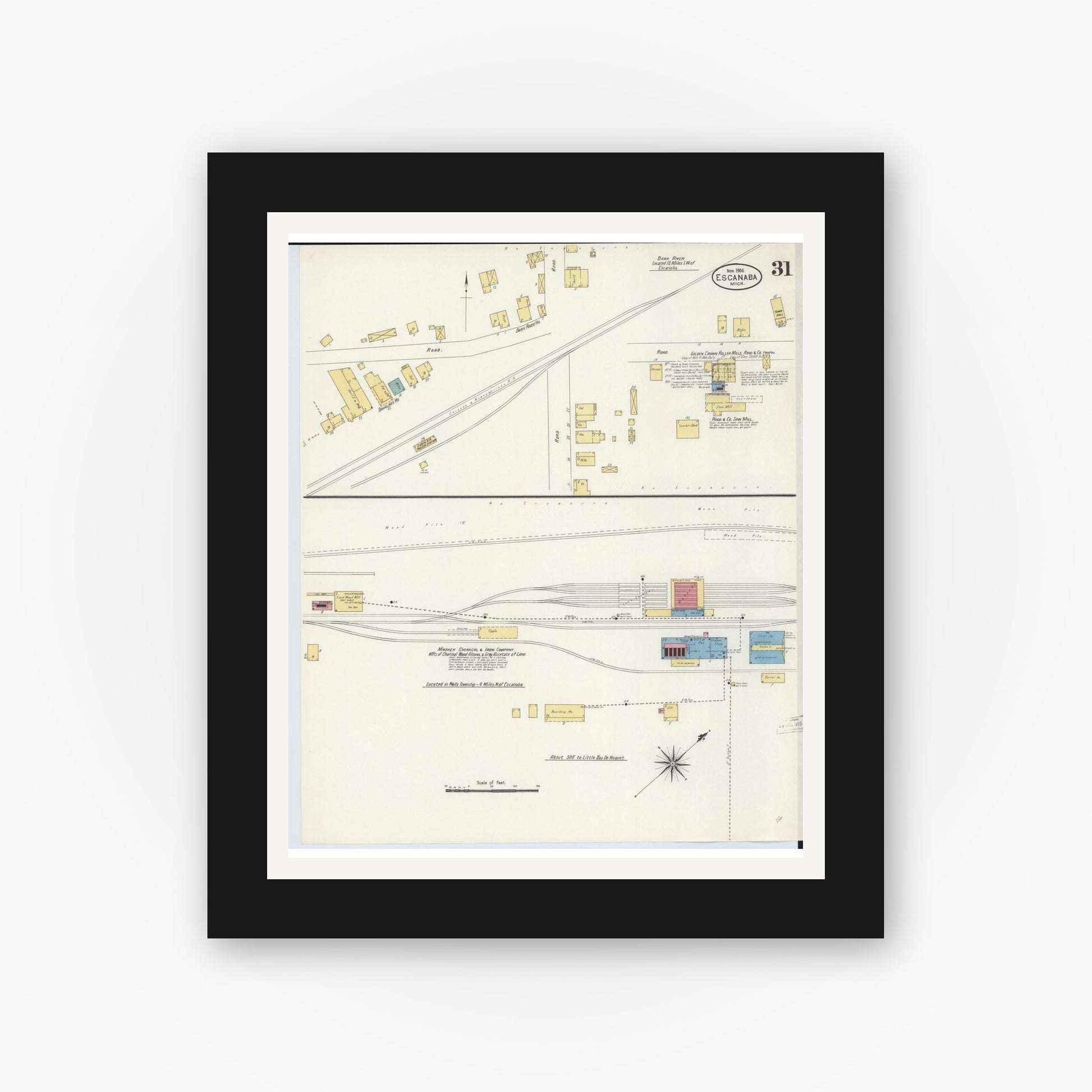 Old map wall art mockup — black gallery frame with white mat — Sanborn Fire Insurance Map from Escanaba, Delta County, Michigan (1906), Sheet #0031