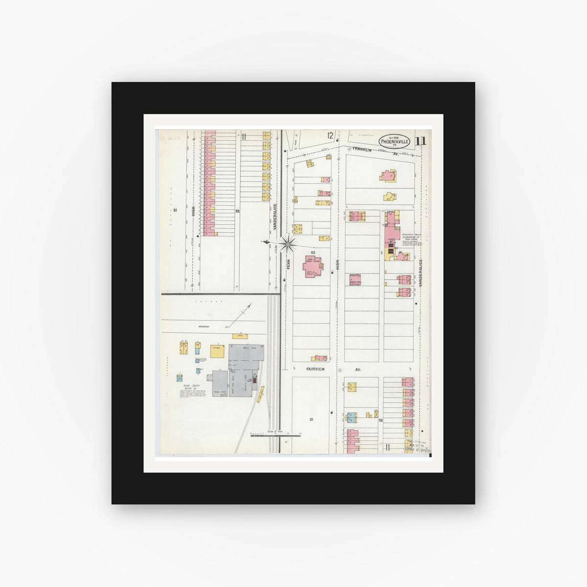 Old map wall art mockup — black gallery frame with white mat — Sanborn Fire Insurance Map from Phoenixville, Chester County, Pennsylvania (1900), Sheet #0011