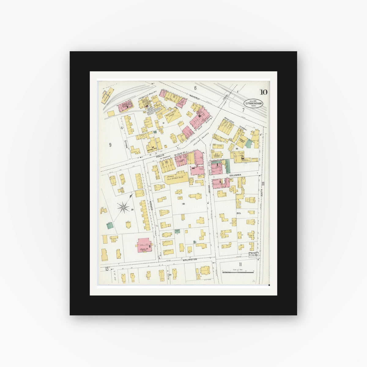 Old map wall art mockup — black gallery frame with white mat — Sanborn Fire Insurance Map from South Farmington, Middlesex County, Massachusetts (1903), Sheet #0010