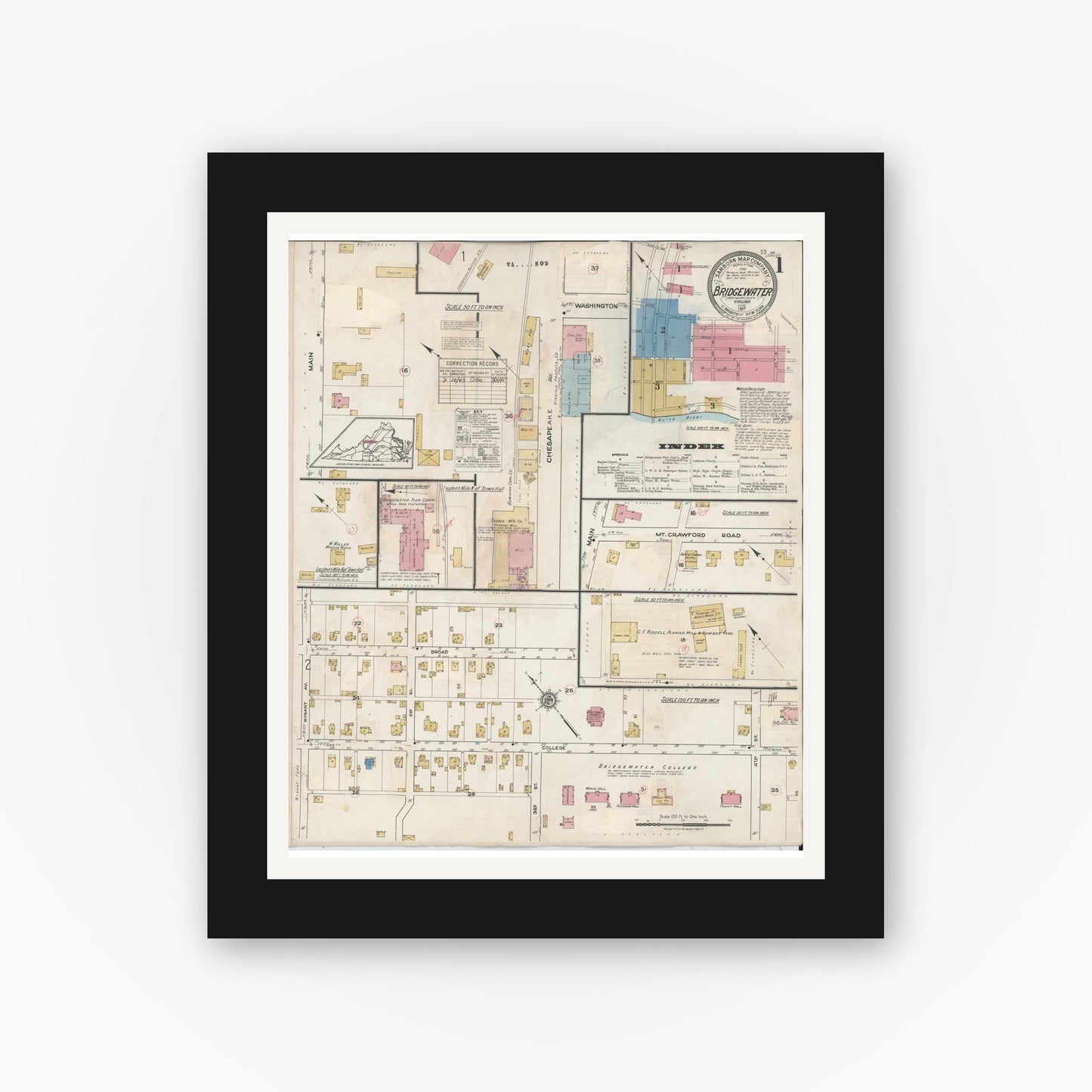 Old map wall art mockup — black gallery frame with white mat — Sanborn Fire Insurance Map from Bridgewater, Rockingham County, Virginia (1917), Sheet #0001