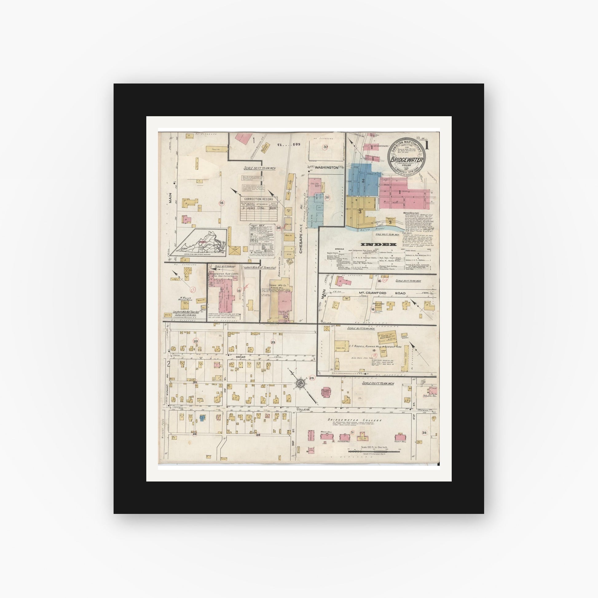 Old map wall art mockup — black gallery frame with white mat — Sanborn Fire Insurance Map from Bridgewater, Rockingham County, Virginia (1917), Sheet #0001
