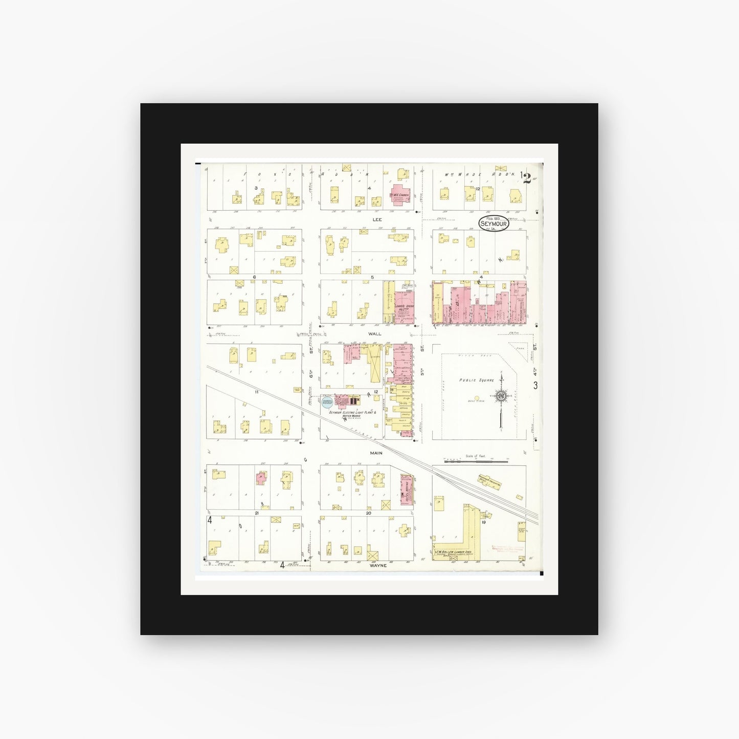Old map wall art mockup — black gallery frame with white mat — Sanborn Fire Insurance Map from Seymour, Wayne County, Iowa (1913), Sheet #0002