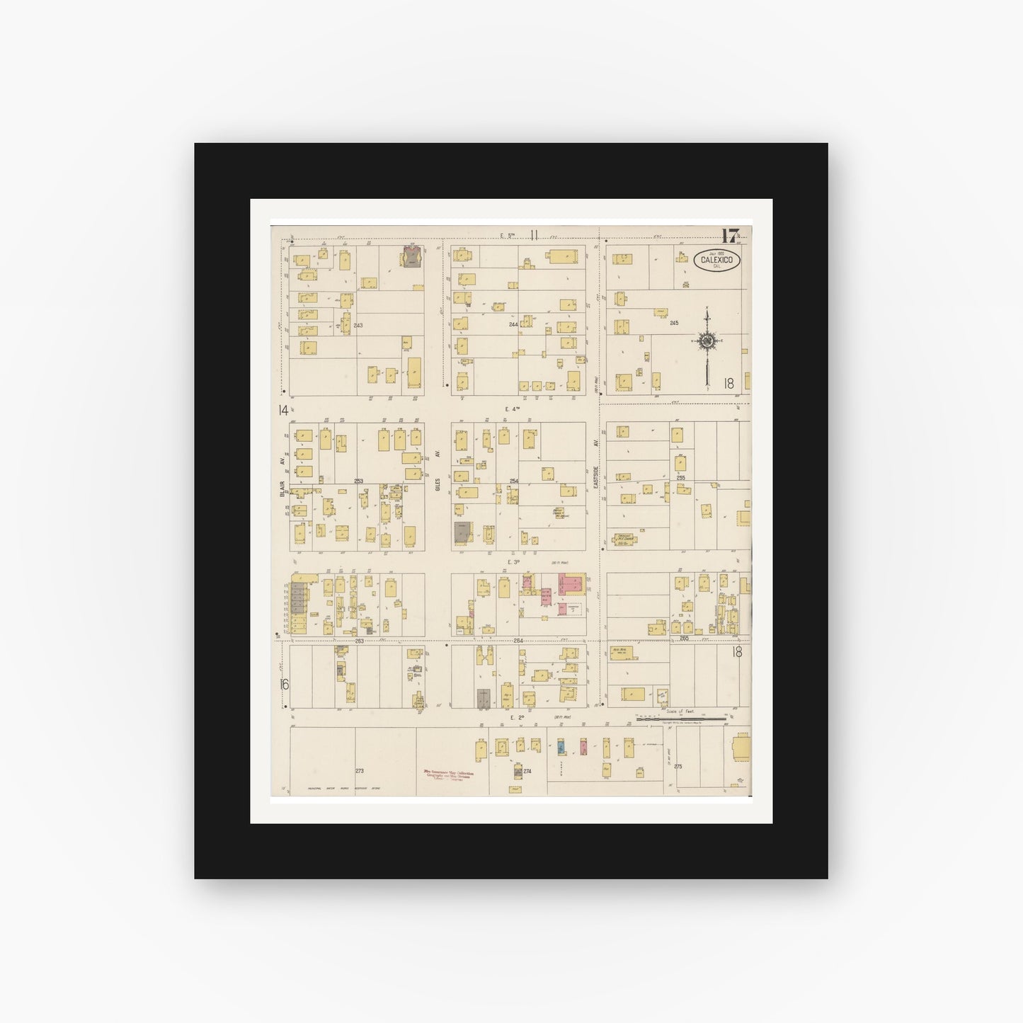 Old map wall art mockup — black gallery frame with white mat — Sanborn Fire Insurance Map from Calexico, Imperial County, California (1920), Sheet #0017