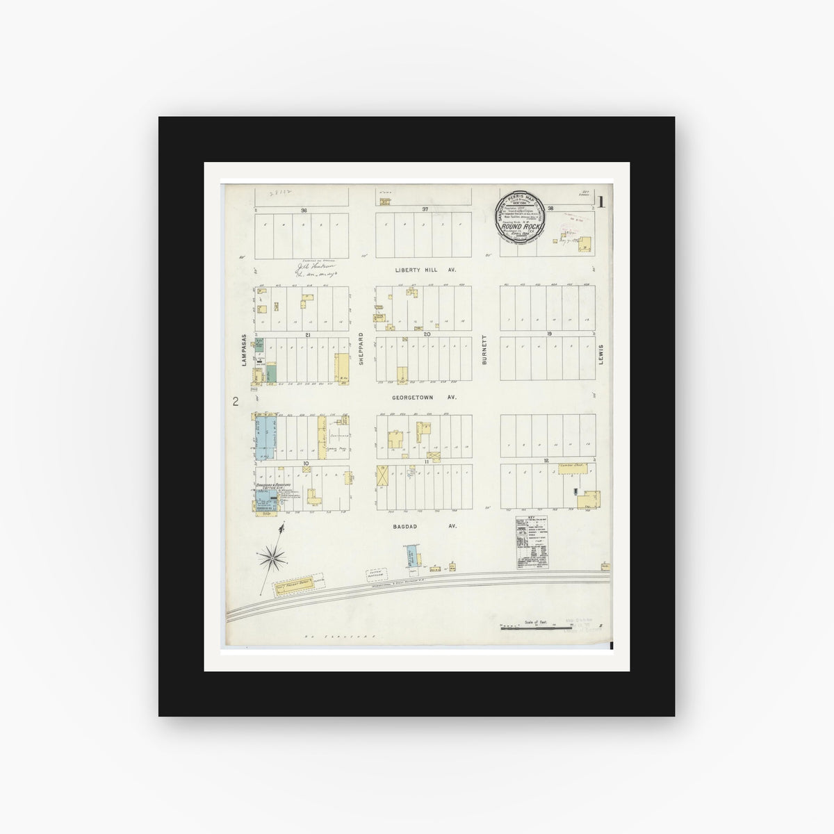 Old map wall art mockup — black gallery frame with white mat — Sanborn Fire Insurance Map from Round Rock, Williamson County, Texas (1896), Sheet #0001