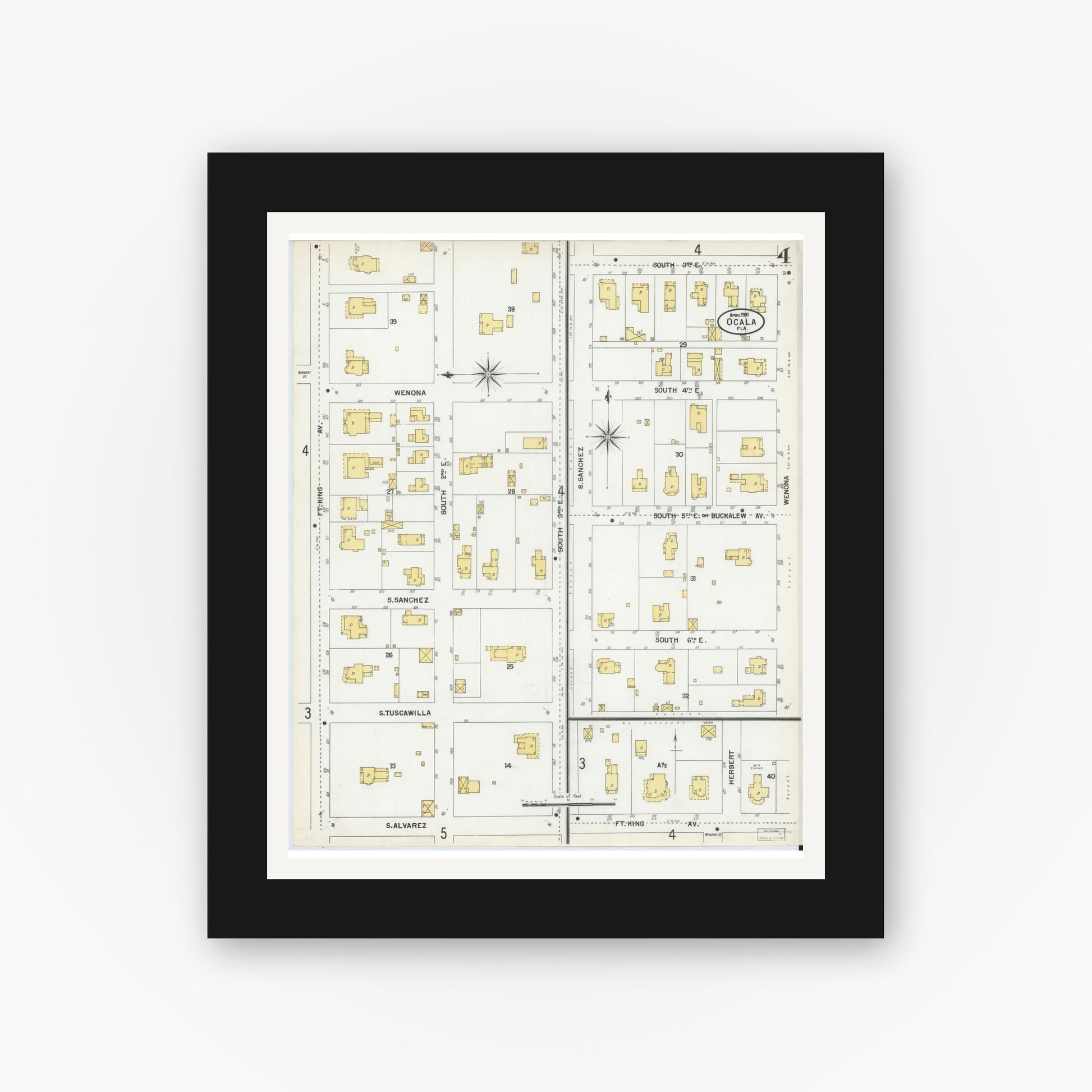 Old map wall art mockup — black gallery frame with white mat — Sanborn Fire Insurance Map from Ocala, Marion County, Florida (1901), Sheet #0004