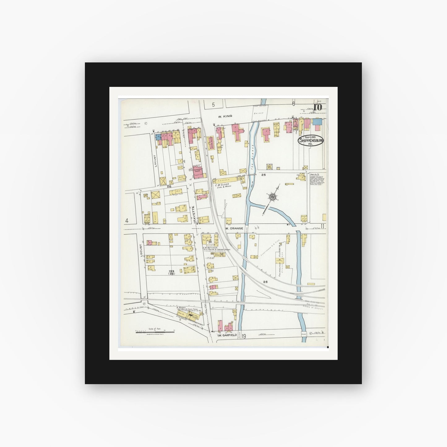 Old map wall art mockup — black gallery frame with white mat — Sanborn Fire Insurance Map from Shippensburg, Cumberland And Franklin Counties, Pennsylvania (1921), Sheet #0010