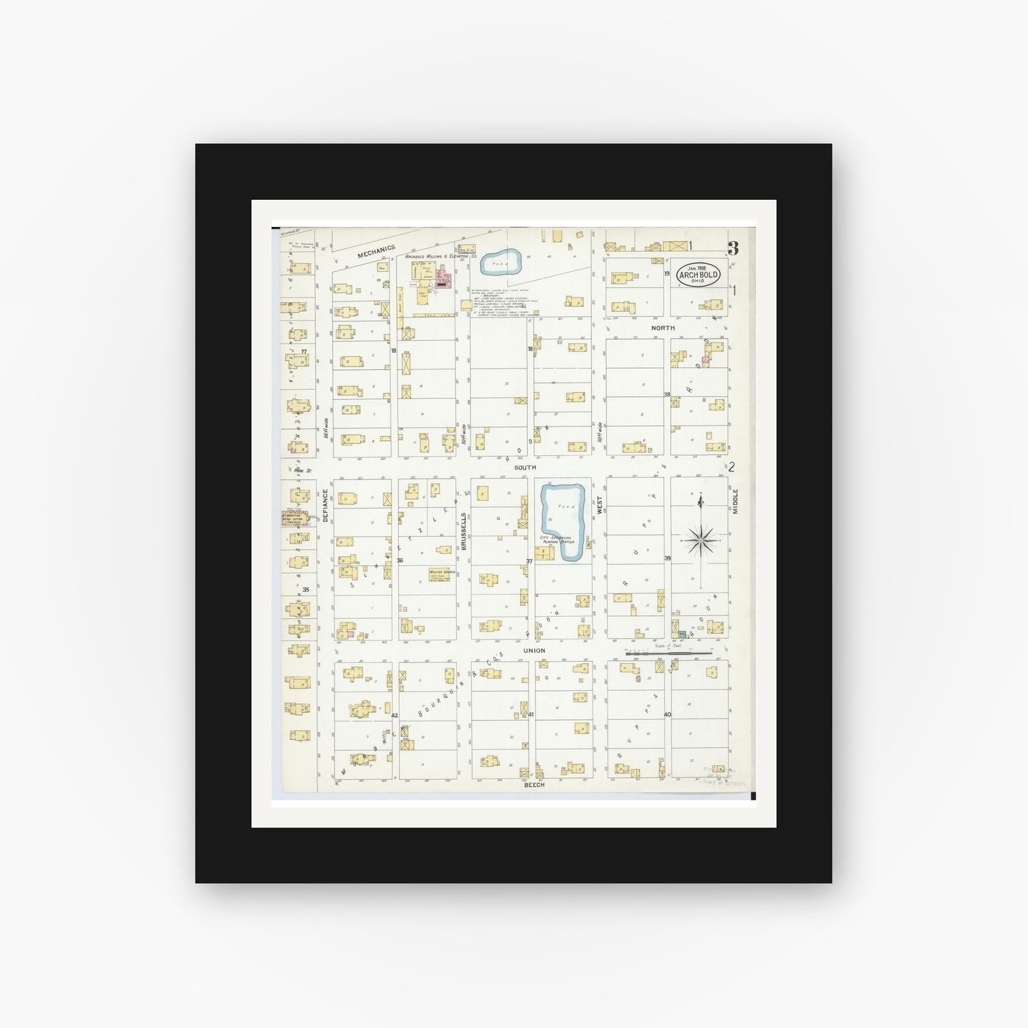 Old map wall art mockup — black gallery frame with white mat — Sanborn Fire Insurance Map from Archbold, Fulton County, Ohio (1908), Sheet #0003