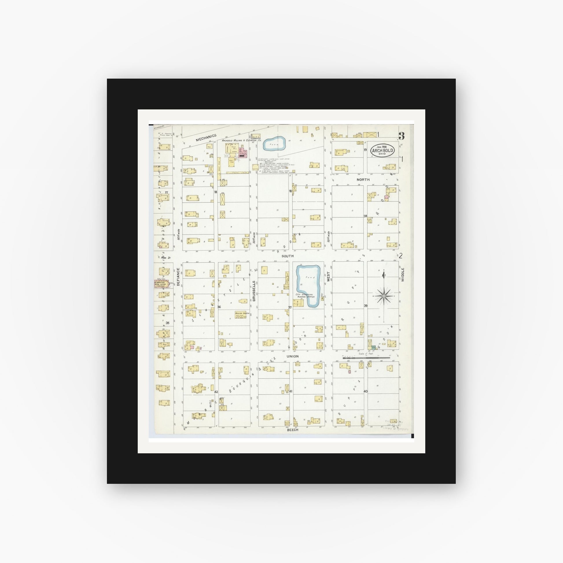 Old map wall art mockup — black gallery frame with white mat — Sanborn Fire Insurance Map from Archbold, Fulton County, Ohio (1908), Sheet #0003