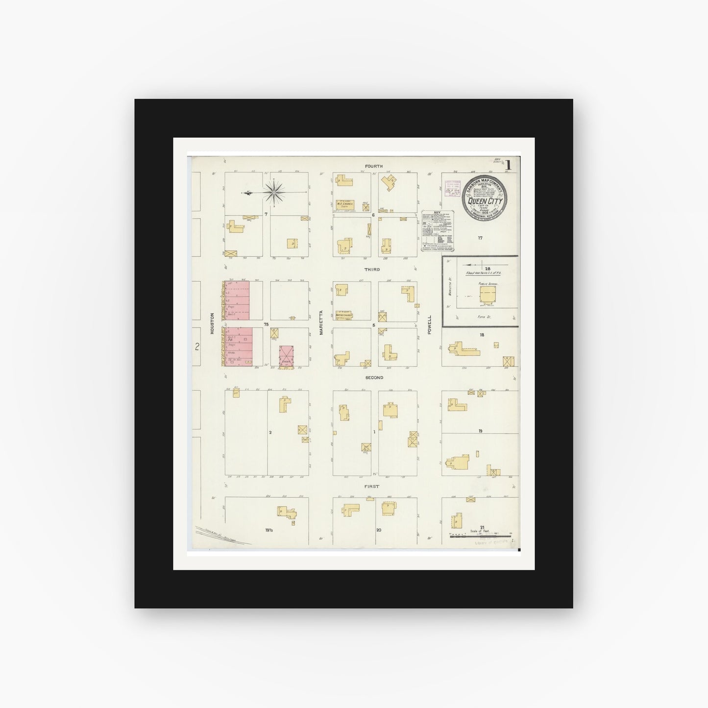 Old map wall art mockup — black gallery frame with white mat — Sanborn Fire Insurance Map from Queen City, Cass County, Texas (1906), Sheet #0001