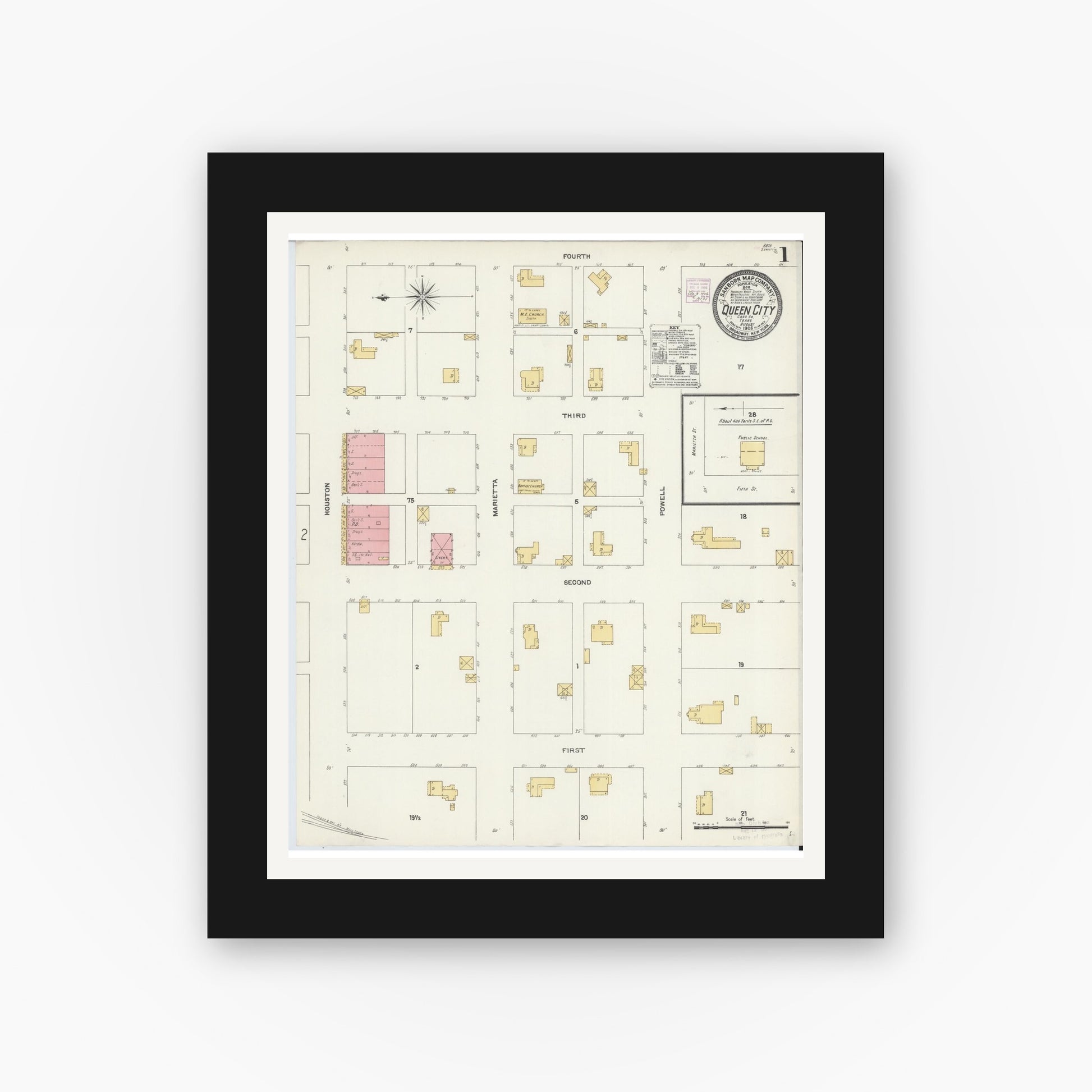 Old map wall art mockup — black gallery frame with white mat — Sanborn Fire Insurance Map from Queen City, Cass County, Texas (1906), Sheet #0001