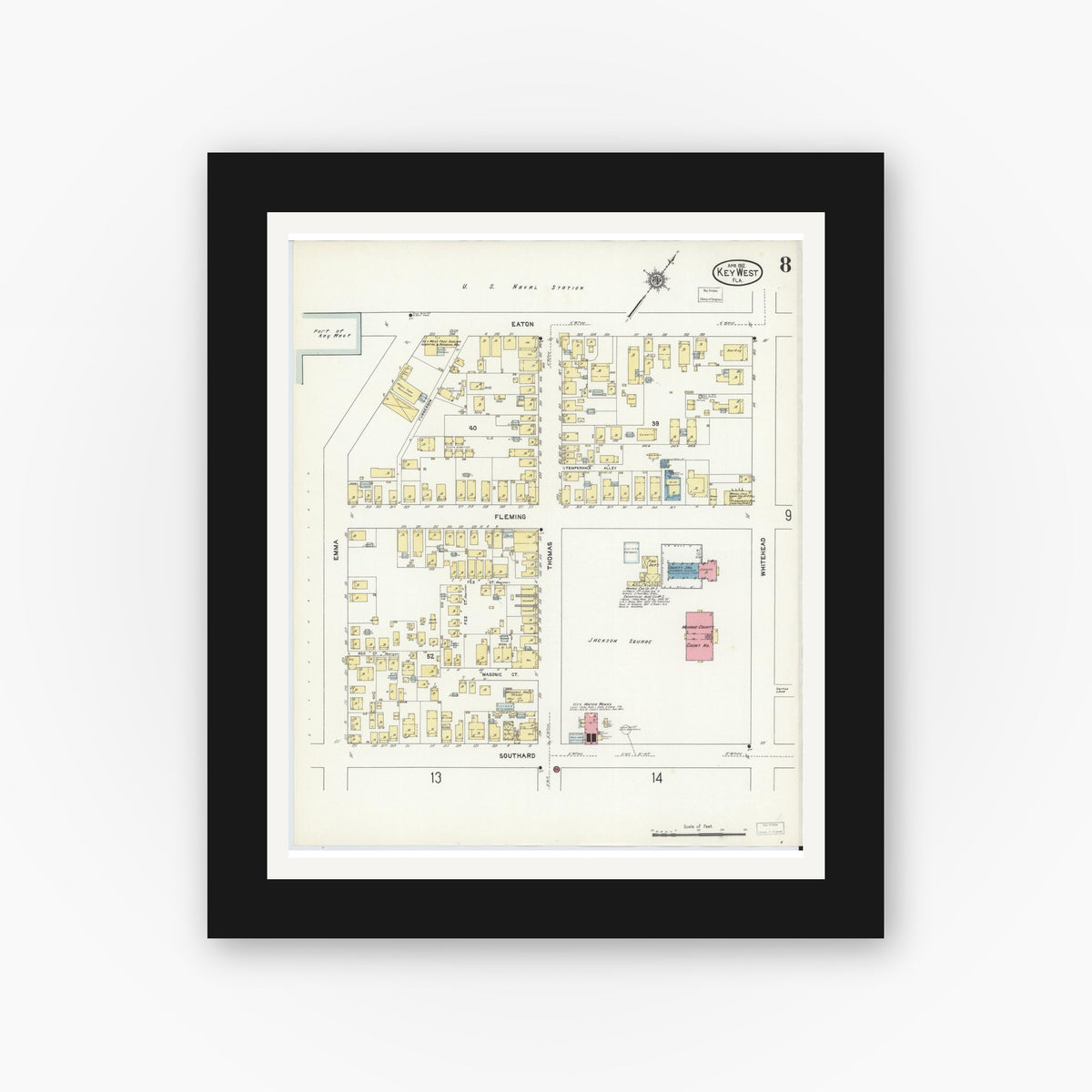Old map wall art mockup — black gallery frame with white mat — Sanborn Fire Insurance Map from Key West, Monroe County, Florida (1912), Sheet #0008