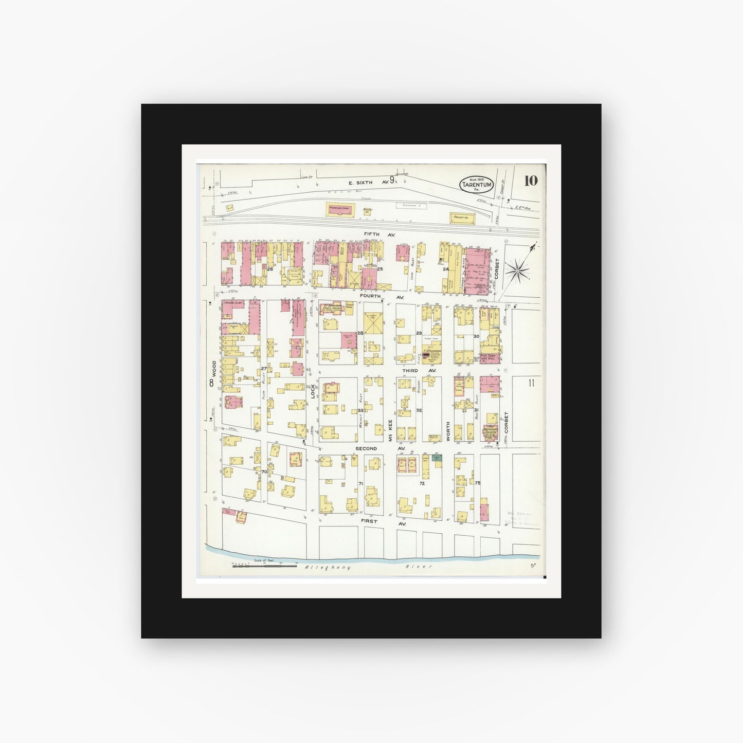 Old map wall art mockup — black gallery frame with white mat — Sanborn Fire Insurance Map from Tarentum, Allegheny County, Pennsylvania (1909), Sheet #0010
