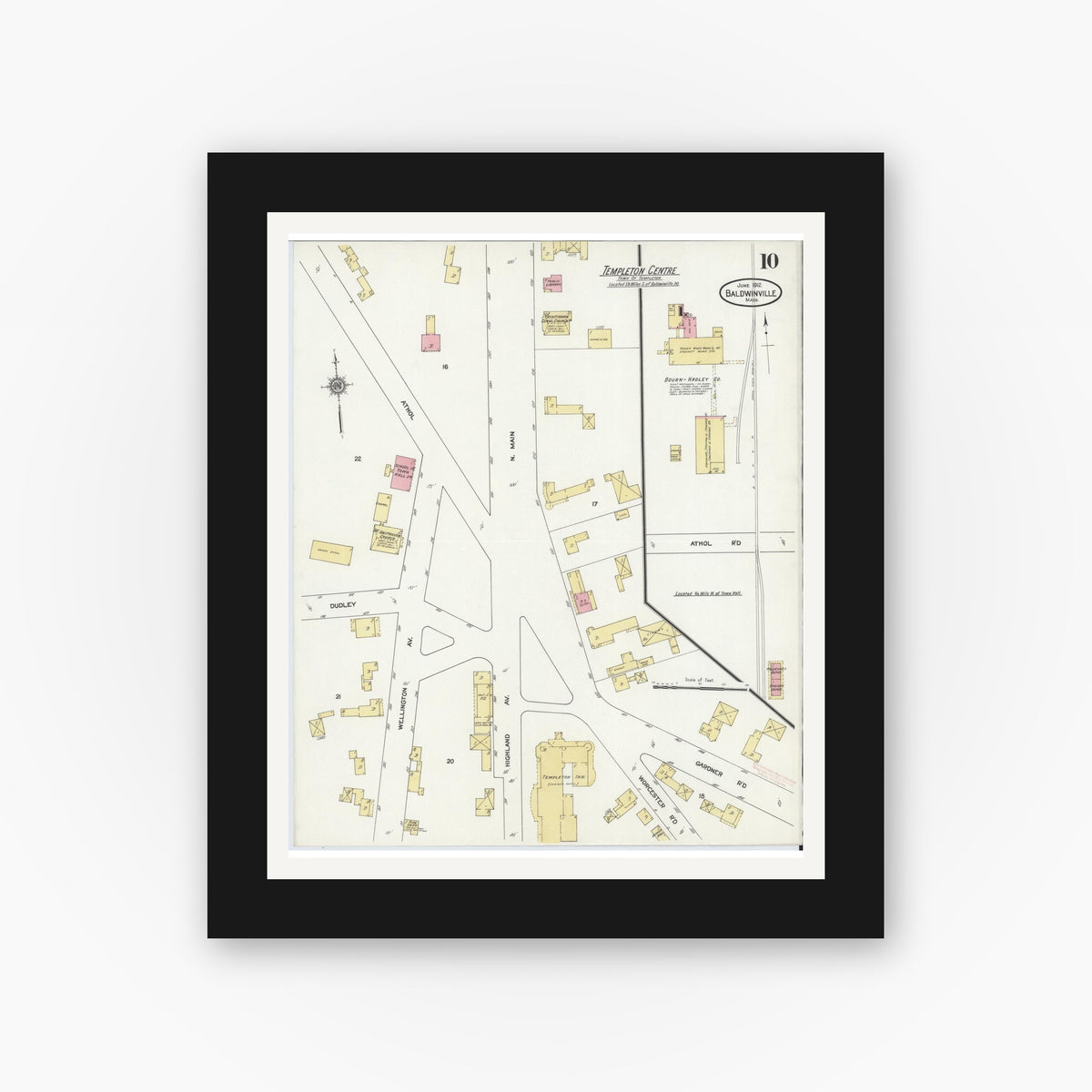 Old map wall art mockup — black gallery frame with white mat — Sanborn Fire Insurance Map from Baldwinville, Worcester County, Massachusetts (1912), Sheet #0010