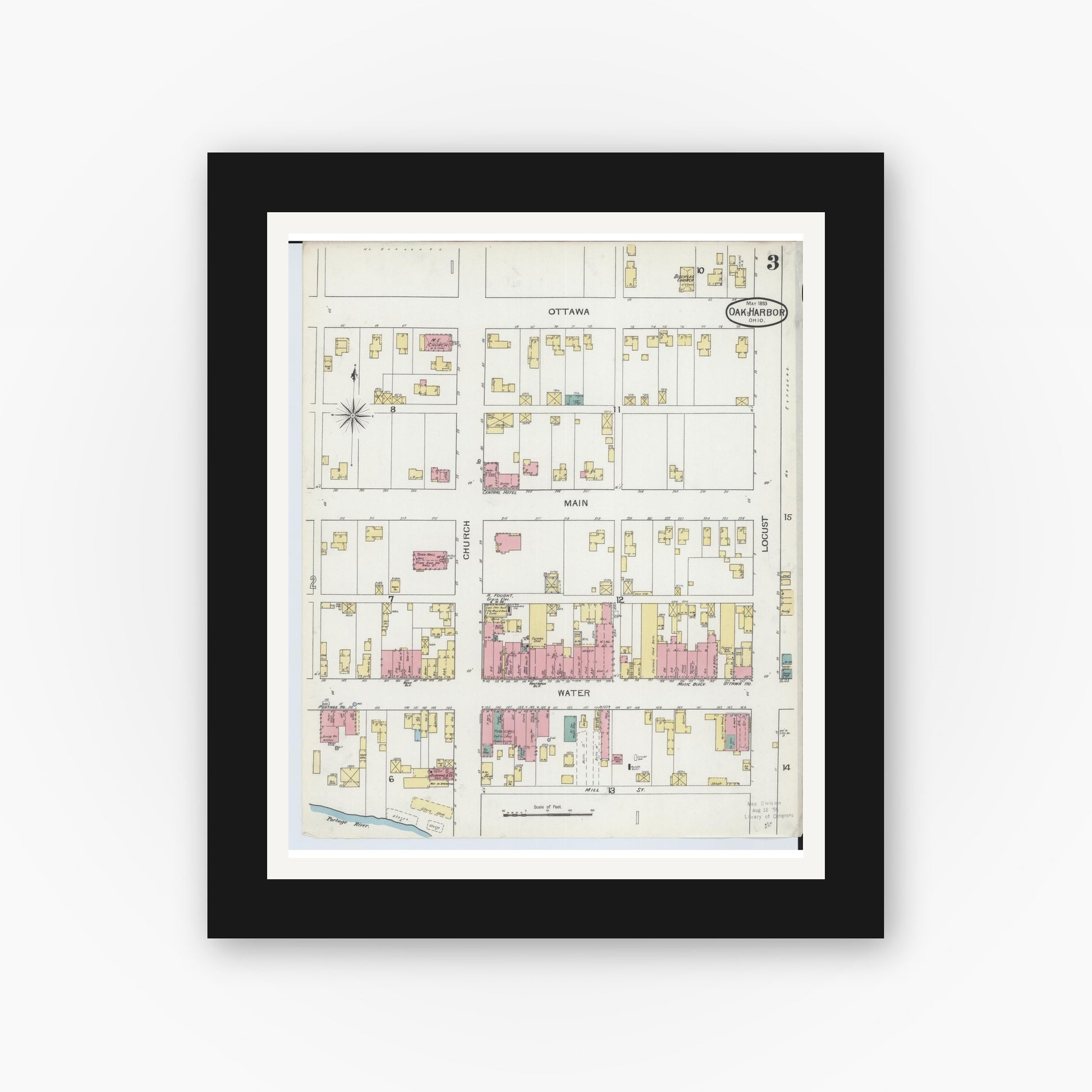Old map wall art mockup — black gallery frame with white mat — Sanborn Fire Insurance Map from Oak Harbor, Ottawa County, Ohio (1893), Sheet #0003
