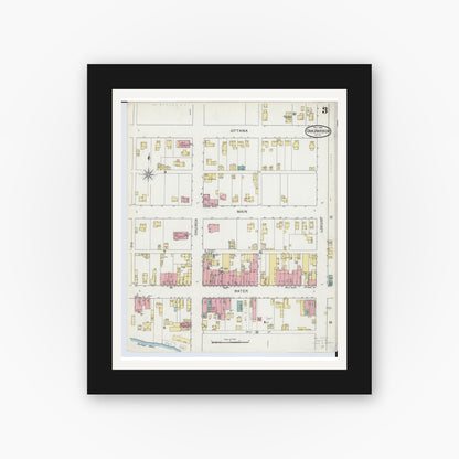 Old map wall art mockup — black gallery frame with white mat — Sanborn Fire Insurance Map from Oak Harbor, Ottawa County, Ohio (1893), Sheet #0003