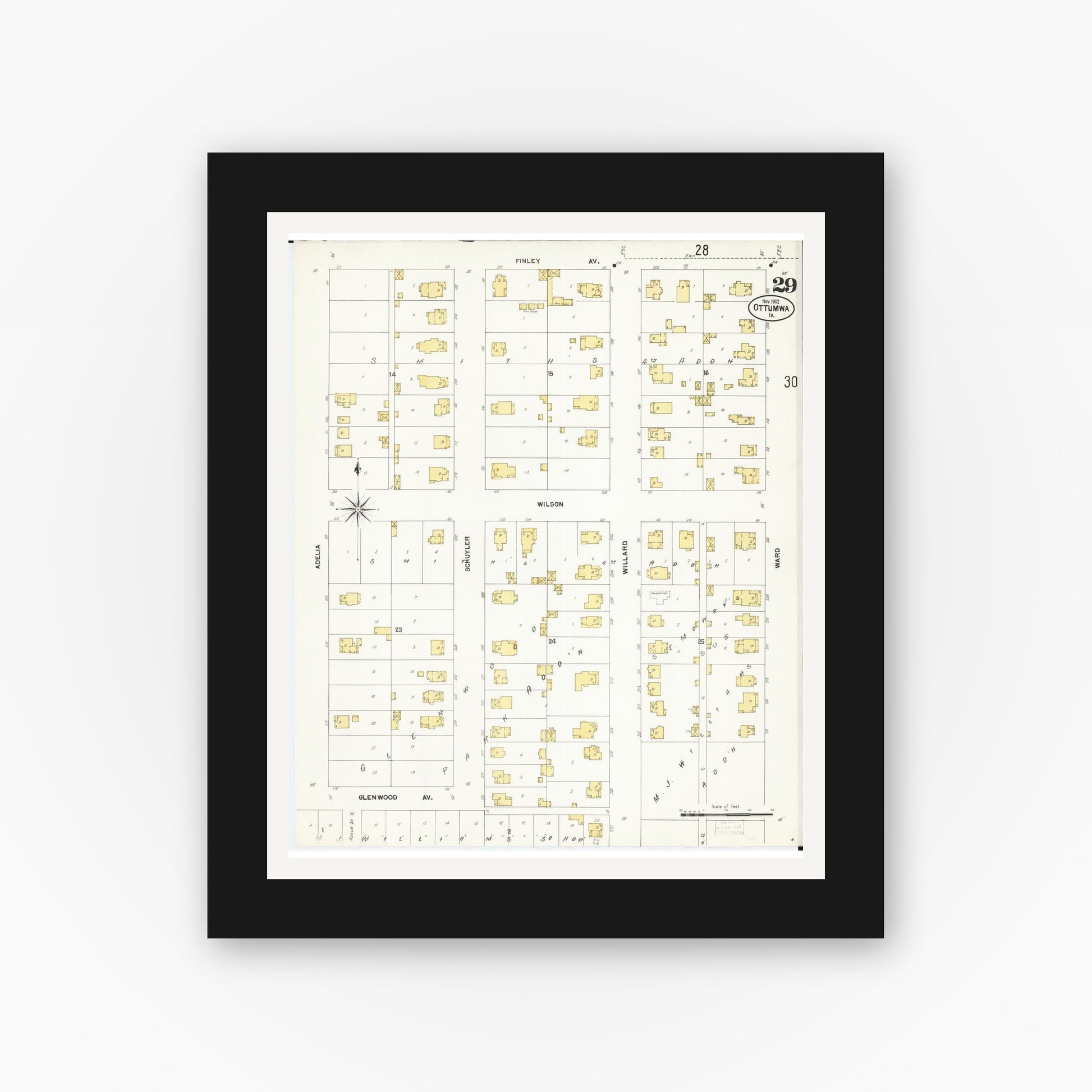 Old map wall art mockup — black gallery frame with white mat — Sanborn Fire Insurance Map from Ottumwa, Wapello County, Iowa (1902), Sheet #0029