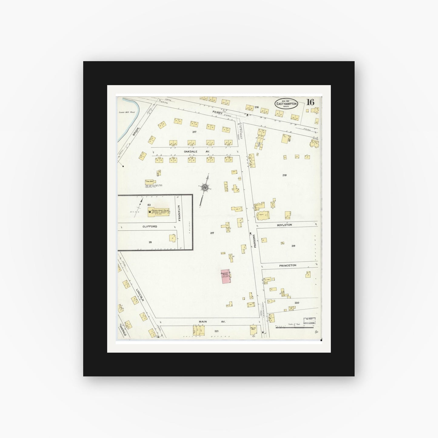 Old map wall art mockup — black gallery frame with white mat — Sanborn Fire Insurance Map from East Hampton, Hampshire County, Massachusetts (1910), Sheet #0016