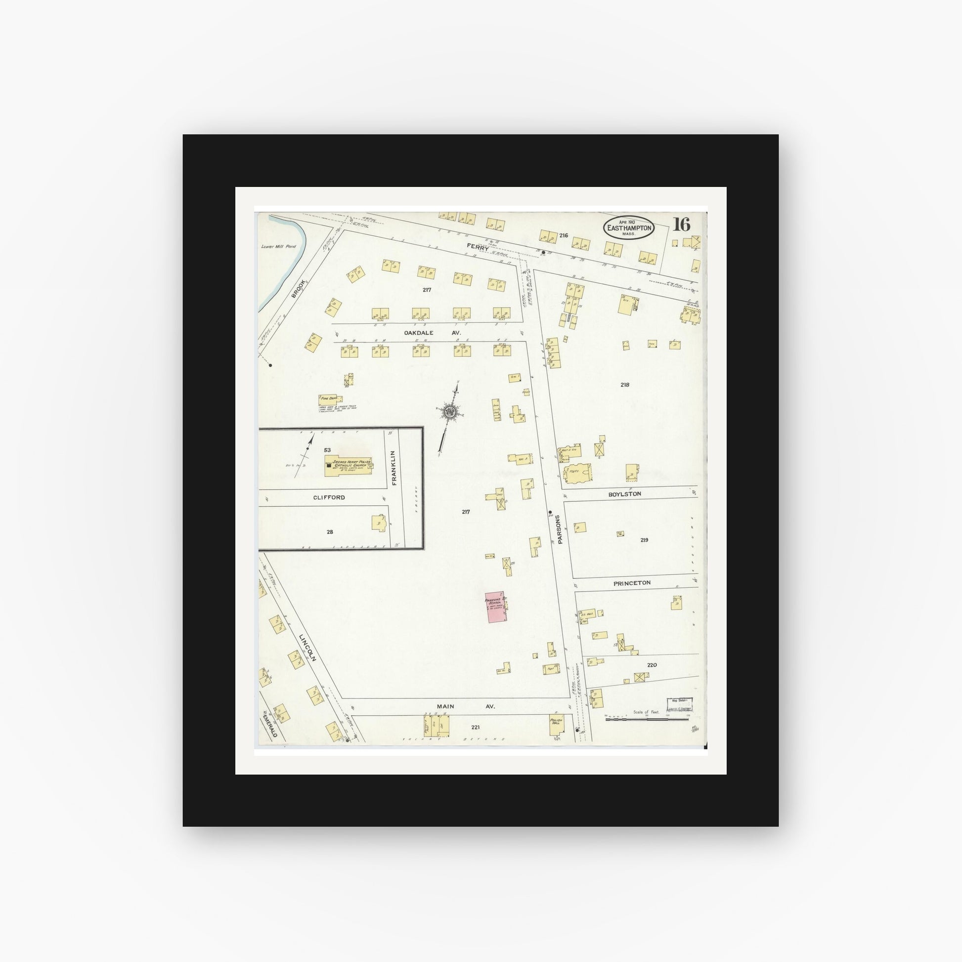 Old map wall art mockup — black gallery frame with white mat — Sanborn Fire Insurance Map from East Hampton, Hampshire County, Massachusetts (1910), Sheet #0016