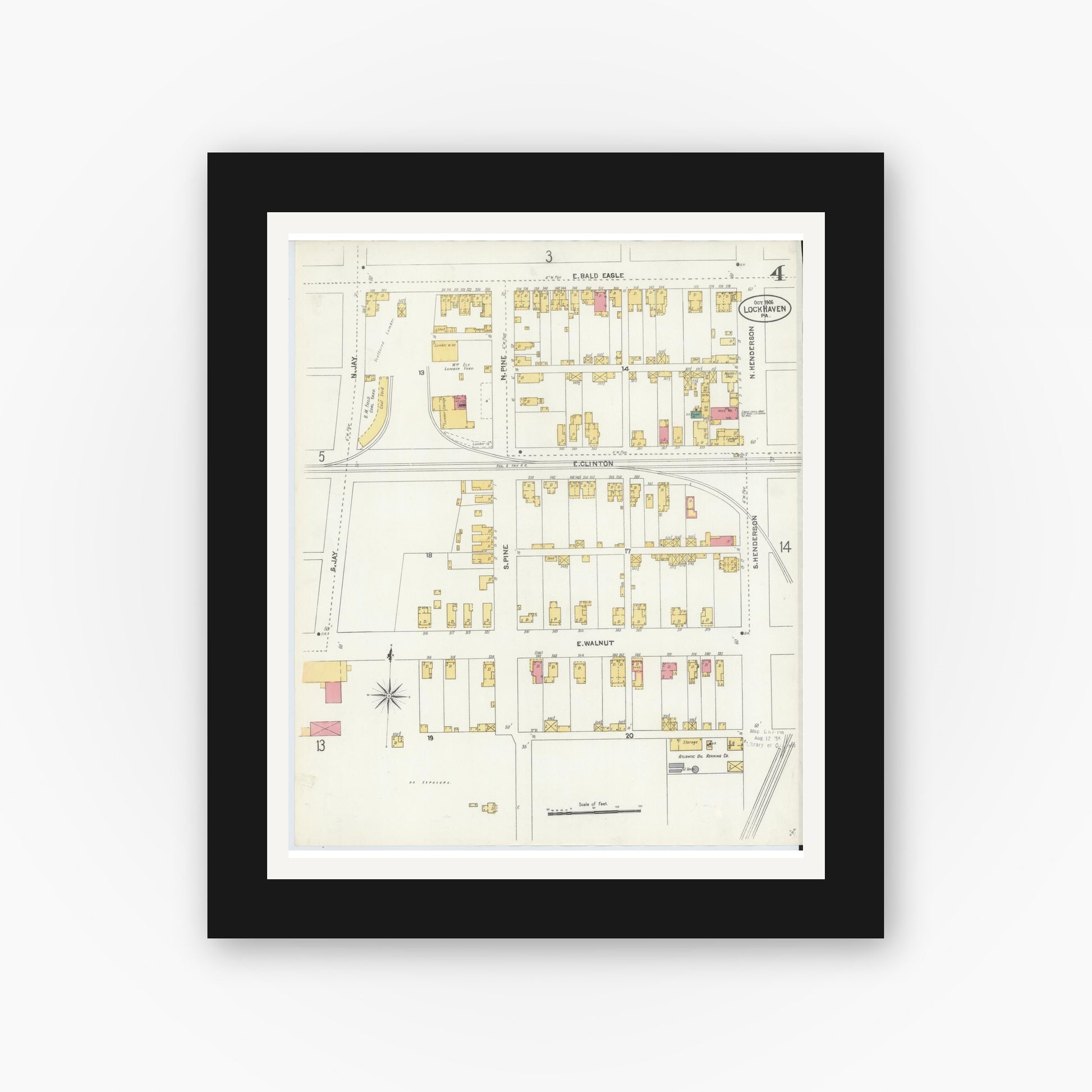 Old map wall art mockup — black gallery frame with white mat — Sanborn Fire Insurance Map from Lock Haven, Clinton County, Pennsylvania (1906), Sheet #0004