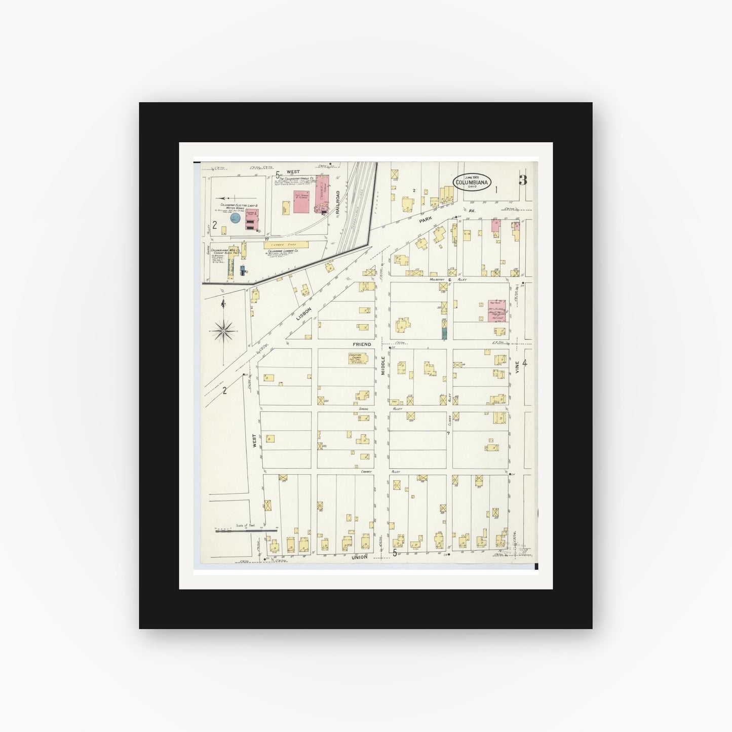 Old map wall art mockup — black gallery frame with white mat — Sanborn Fire Insurance Map from Columbiana, Columbiana County, Ohio (1909), Sheet #0003
