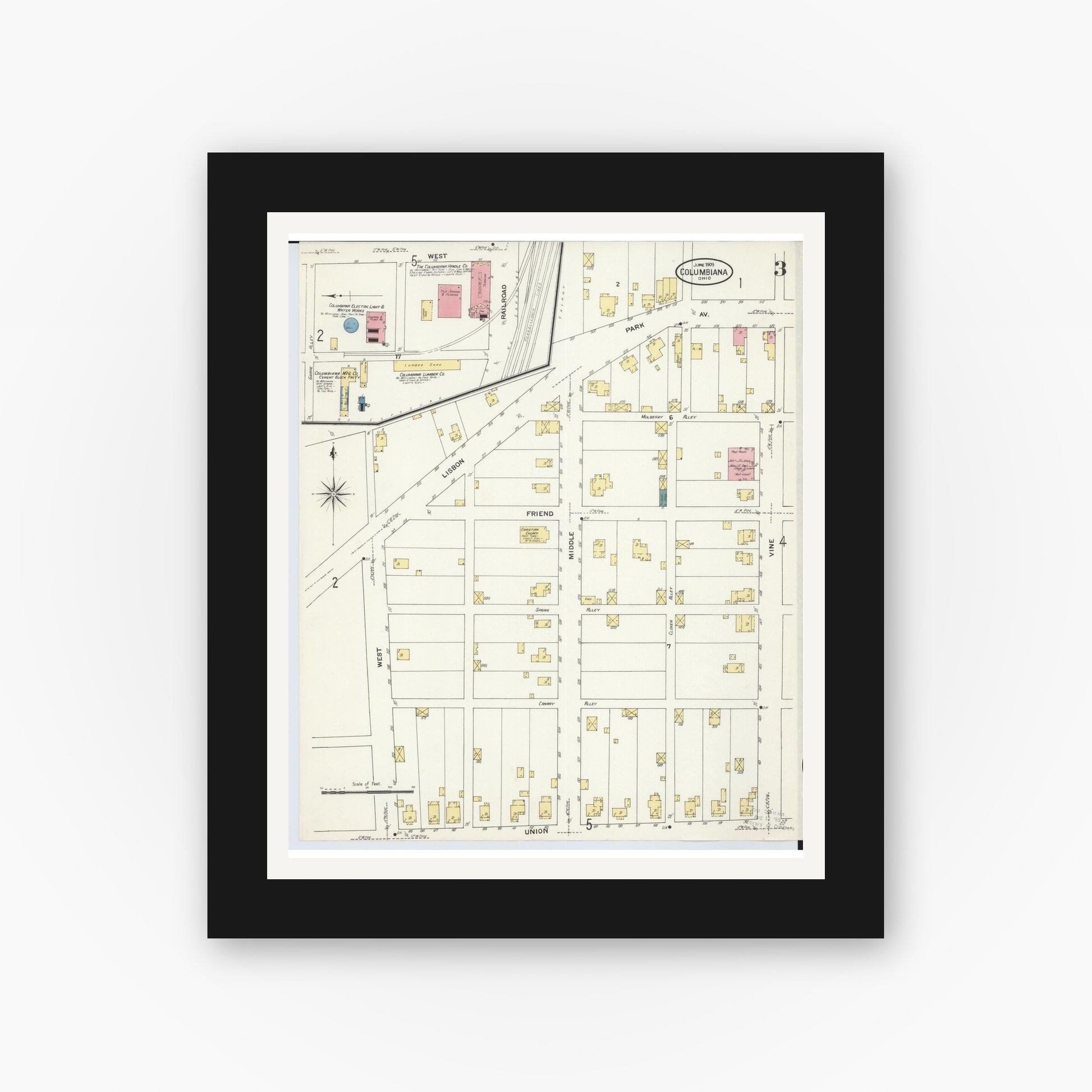 Old map wall art mockup — black gallery frame with white mat — Sanborn Fire Insurance Map from Columbiana, Columbiana County, Ohio (1909), Sheet #0003