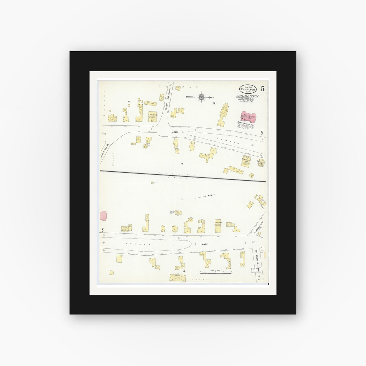 Old map wall art mockup — black gallery frame with white mat — Sanborn Fire Insurance Map from Charlton, Worcester County, Massachusetts (1910), Sheet #0005